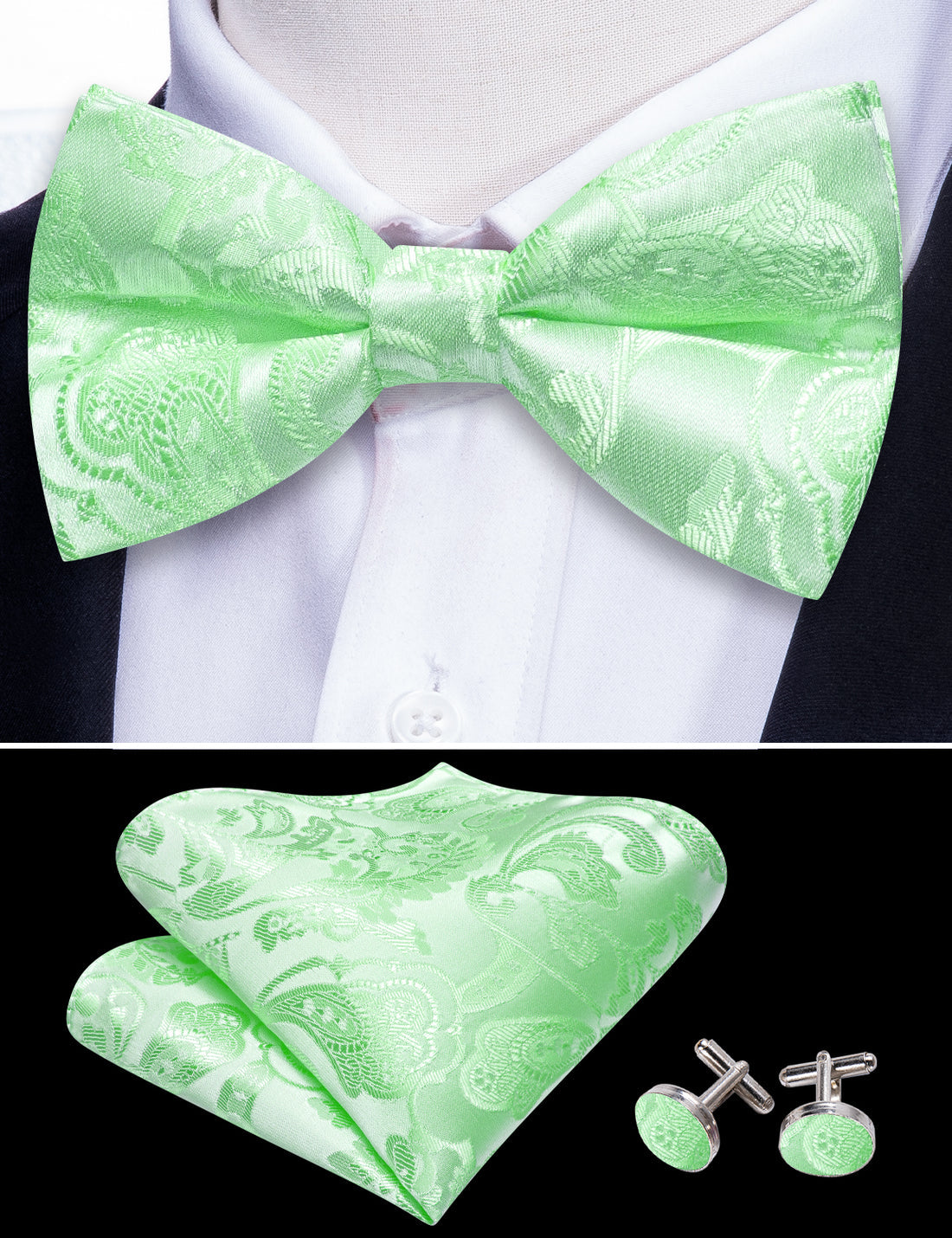 Turquoise Green Paisley Bow Tie Set - GentCrest - View 3