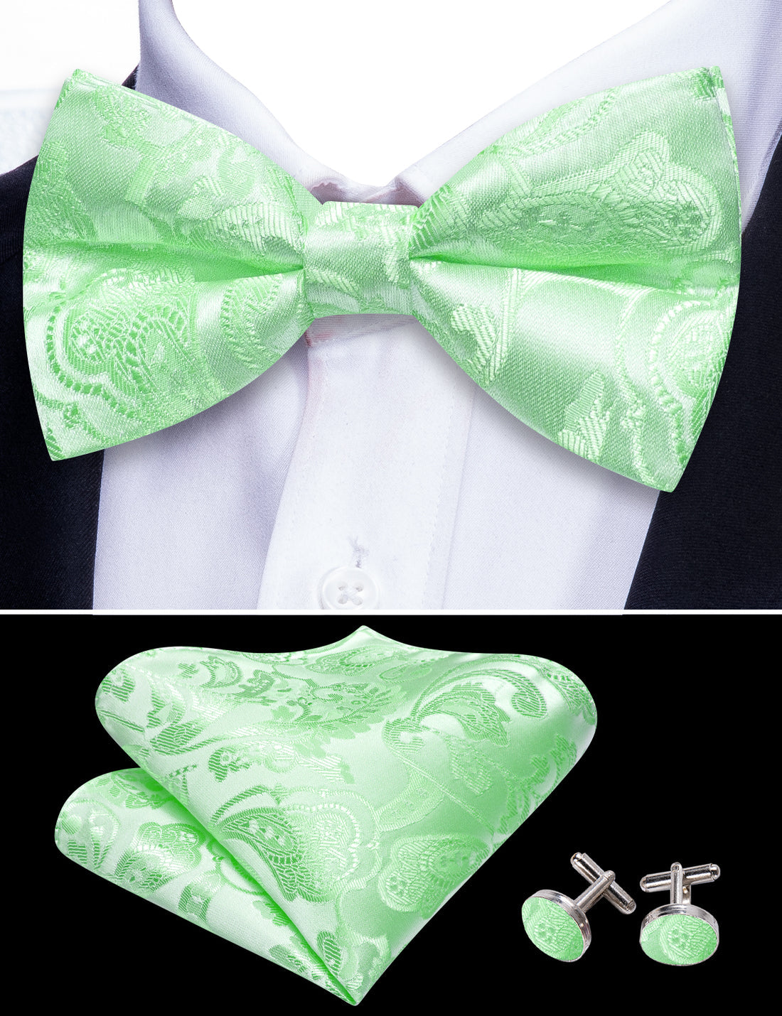 Turquoise Green Paisley Bow Tie Set - GentCrest - View 4