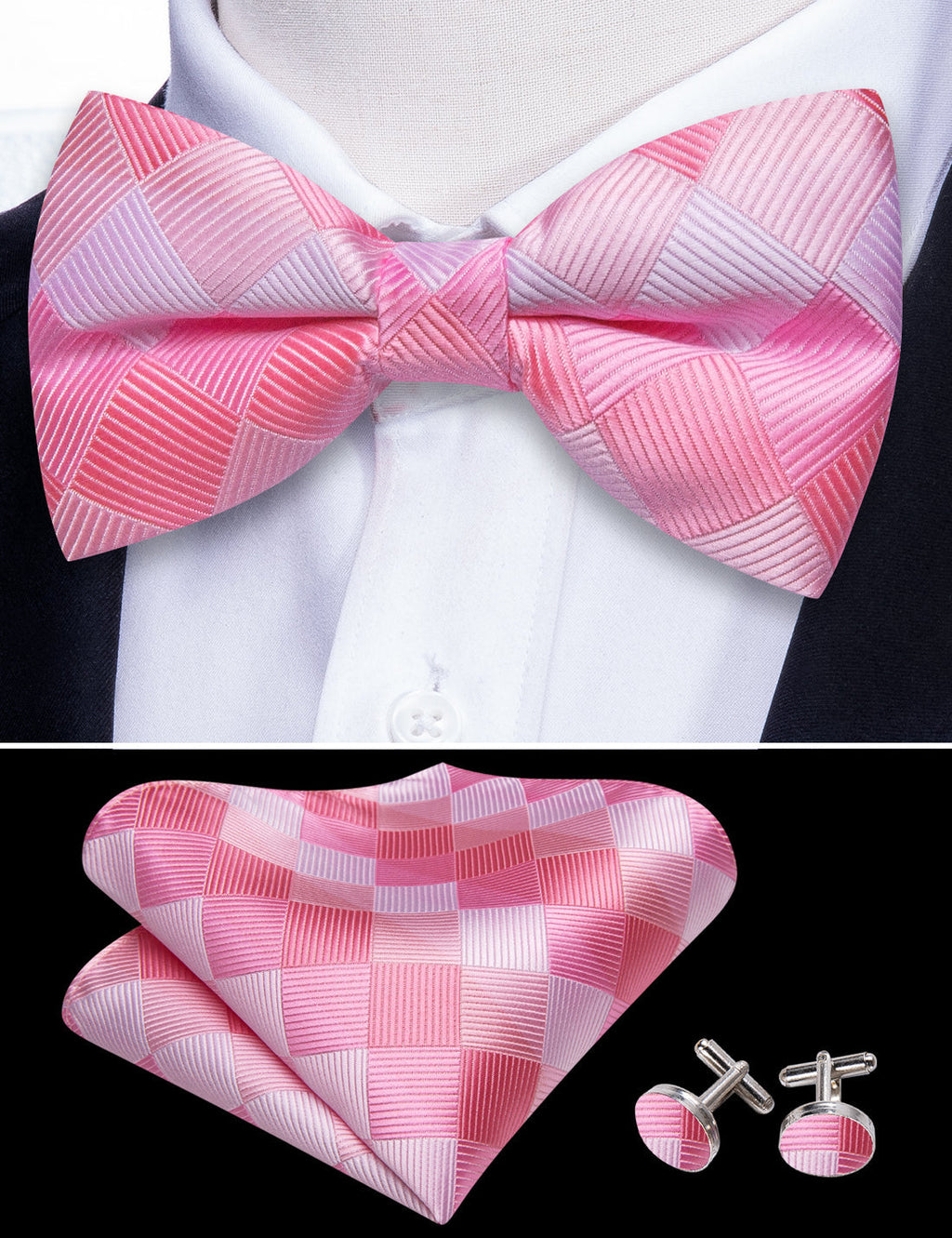 Pink White Plaid Bow Tie Set - GentCrest - View 2