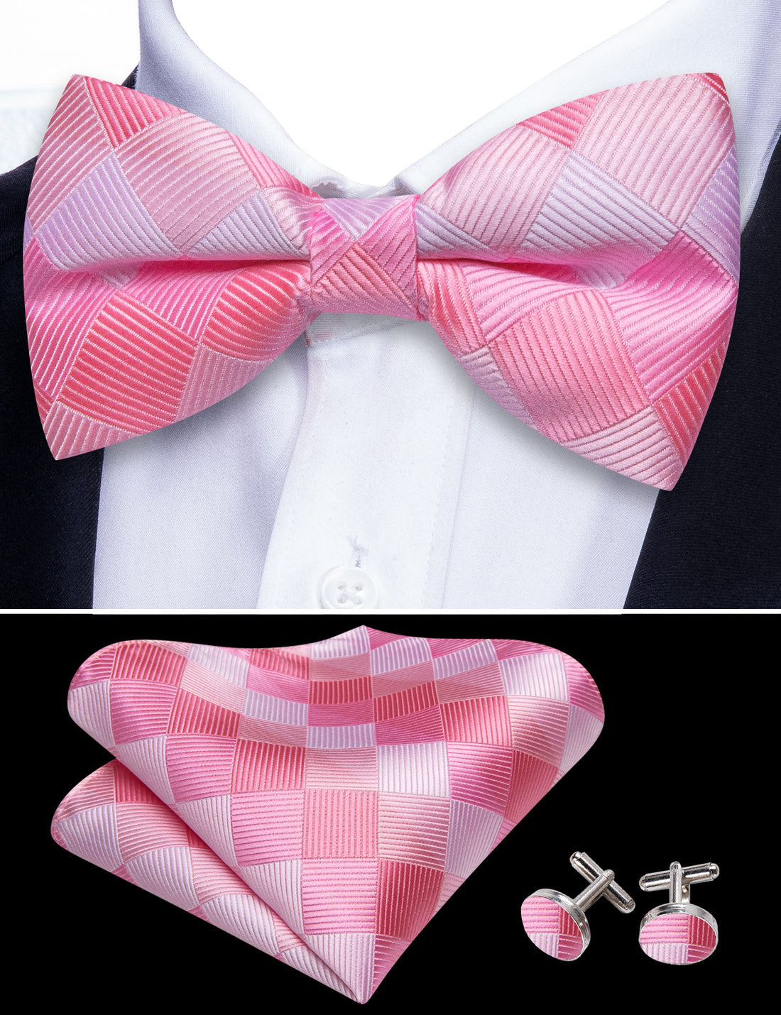 Pink White Plaid Bow Tie Set - GentCrest - View 3