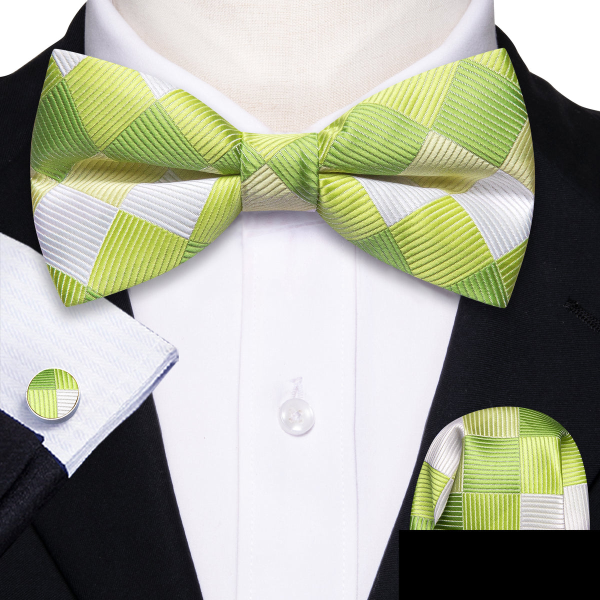 Green White Plaid Bow Tie Set - GentCrest - View 5