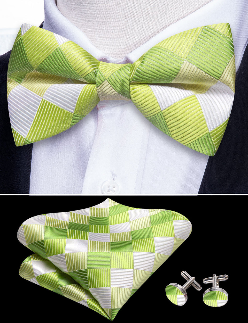 Green White Plaid Bow Tie Set - GentCrest - View 2
