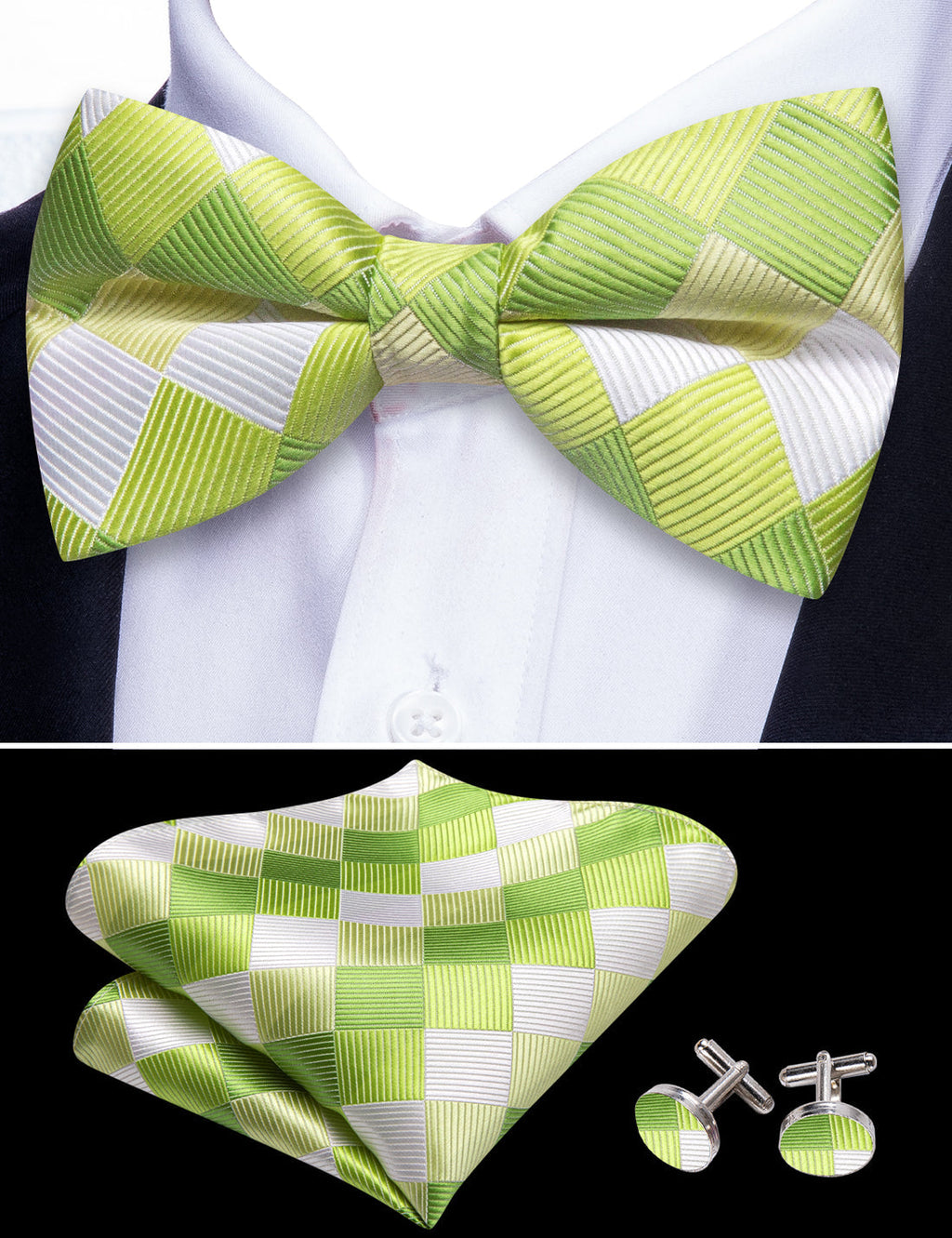 Green White Plaid Bow Tie Set - GentCrest - View 3