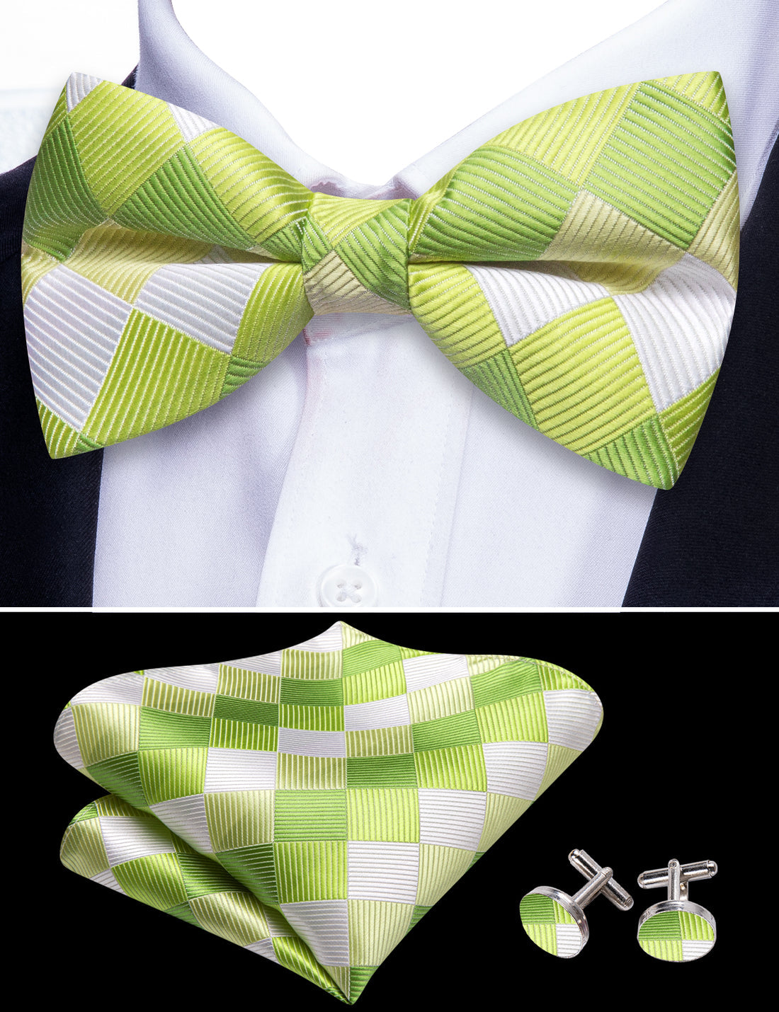 Green White Plaid Bow Tie Set - GentCrest - View 3
