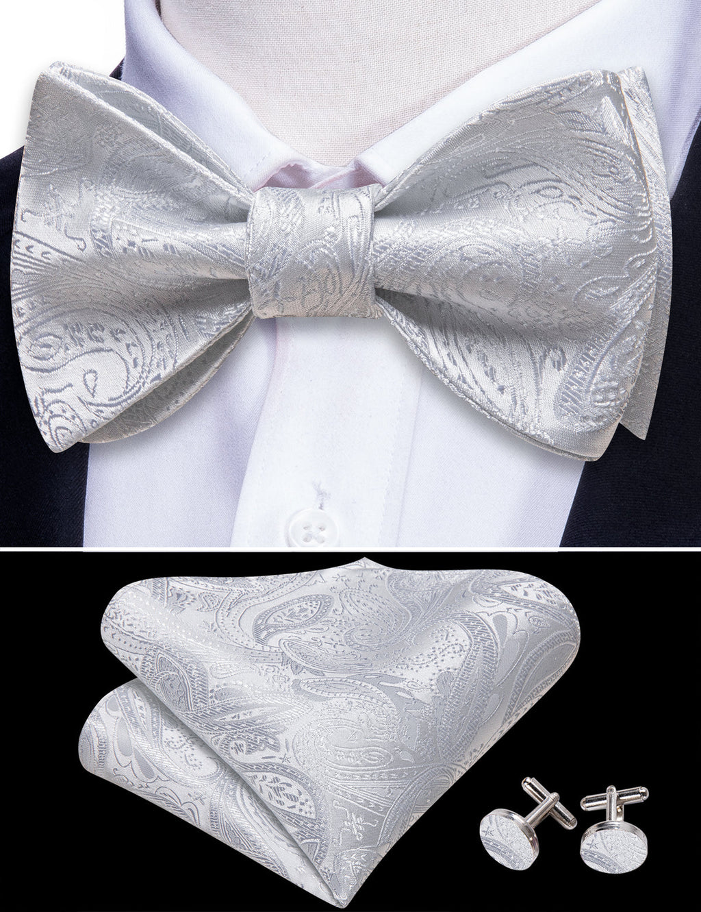 White Paisley Bow Tie Set - GentCrest - View 3