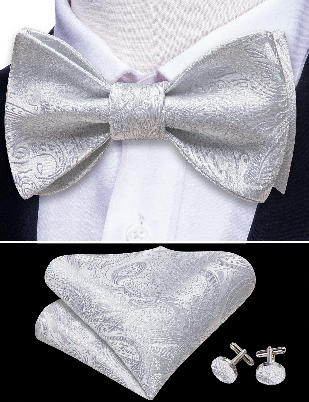 White Paisley Bow Tie Set - GentCrest - View 3
