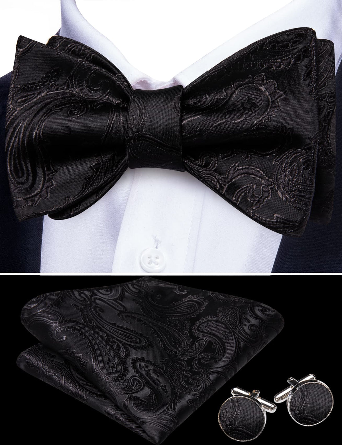 Black Paisley Jacquard Bow Tie Set - GentCrest - View 2