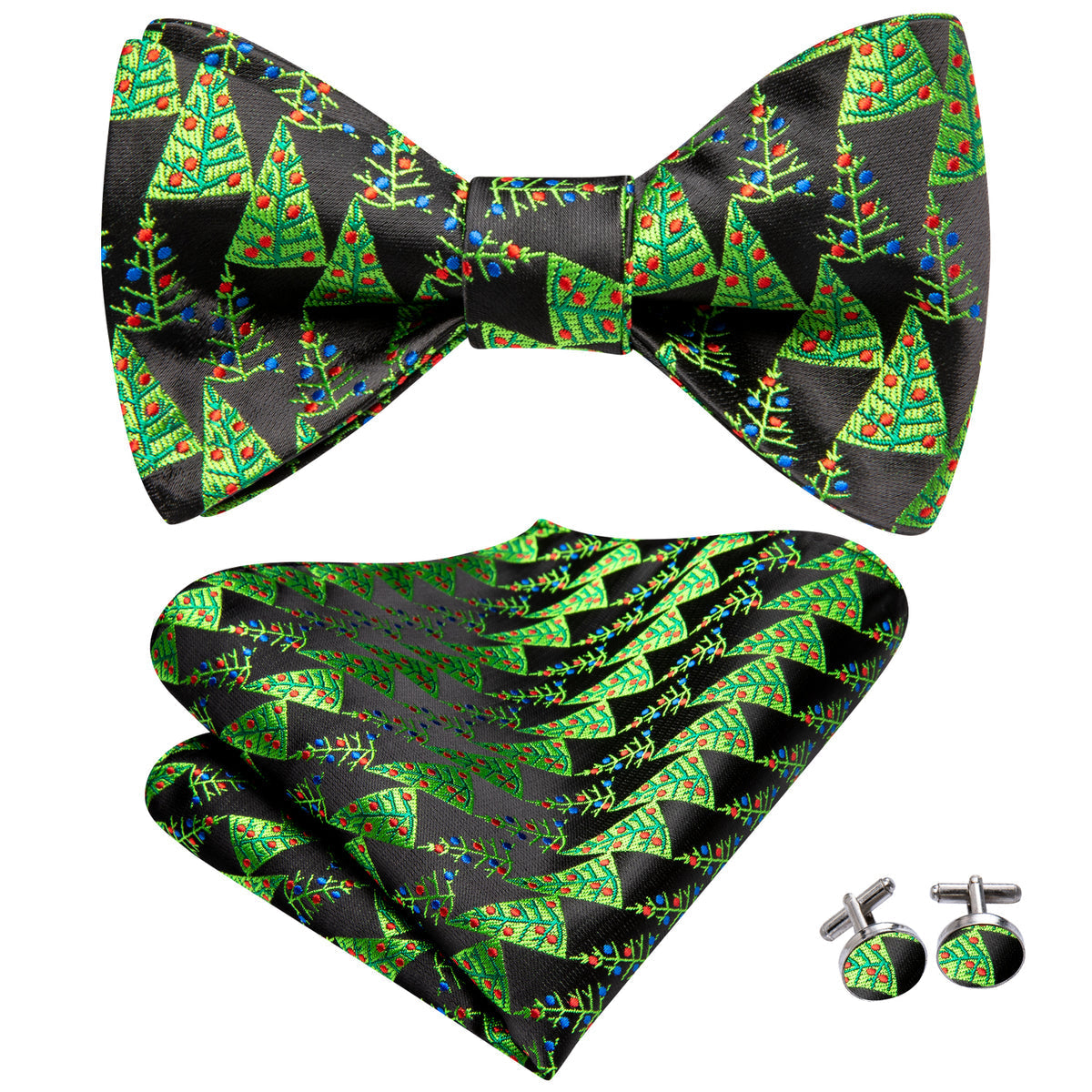 Christmas Trees , Pocket Square and Cufflinks Bow Tie Set - GentCrest - View 5