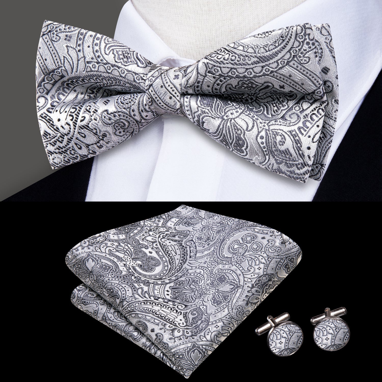 GentCrest Grey Paisley Bowtie Set - Image 1