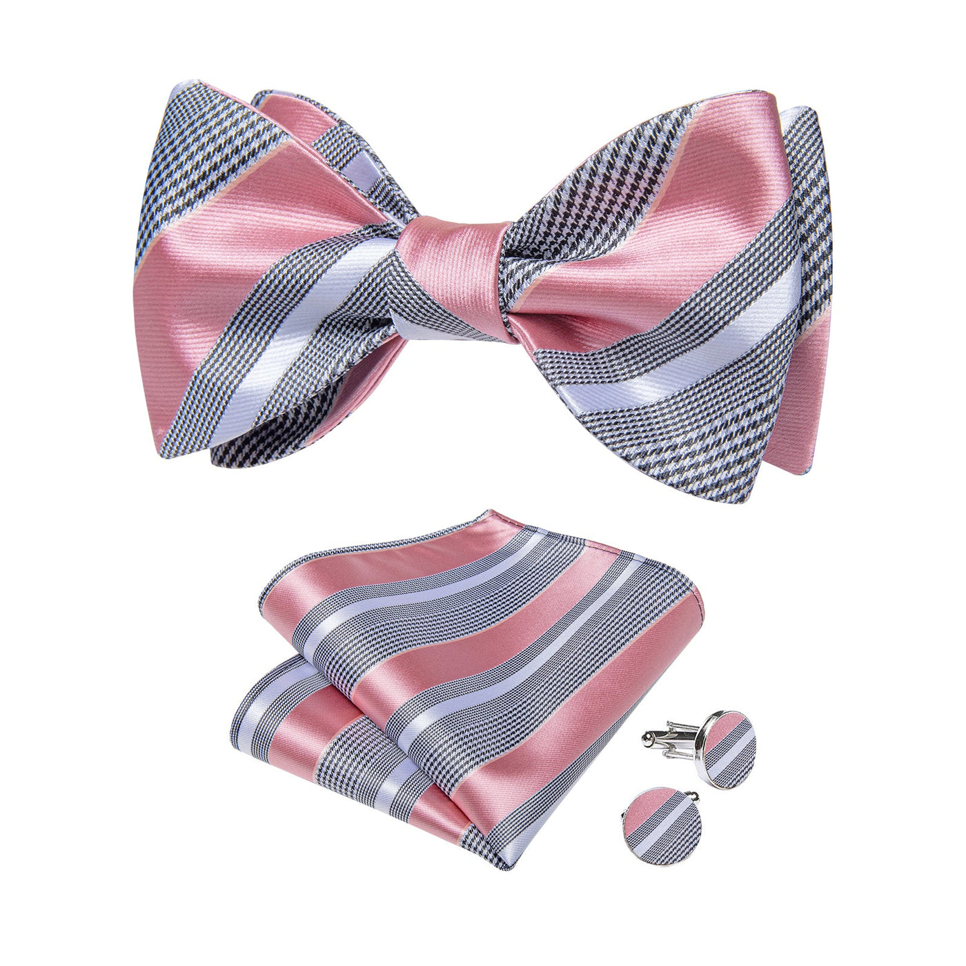 Pink & Gray Plaid Silk Self-Tie Bow Tie Set - GentCrest - View 2