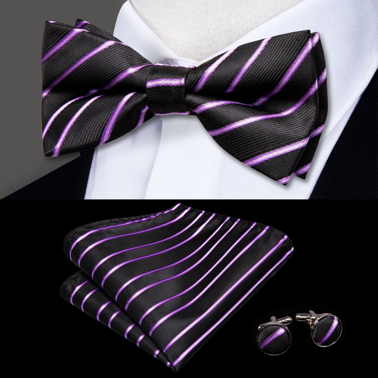 GentCrest Black Striped Bowtie Set - Image 1