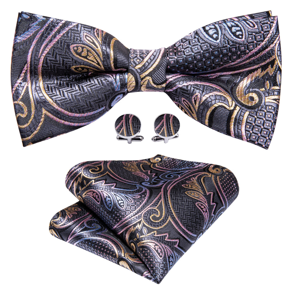 Black Pink Paisley Bow Tie Set - GentCrest - View 2
