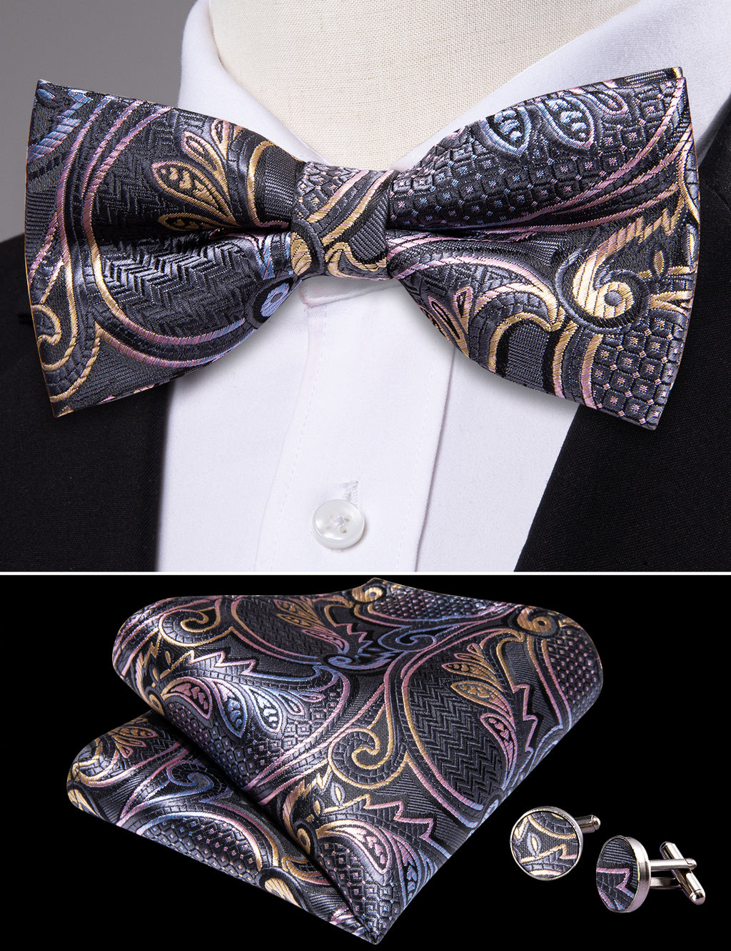 Black Pink Paisley Bow Tie Set - GentCrest - View 3