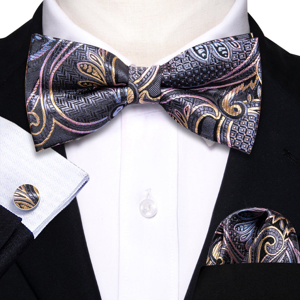 Black Pink Paisley Bow Tie Set - GentCrest