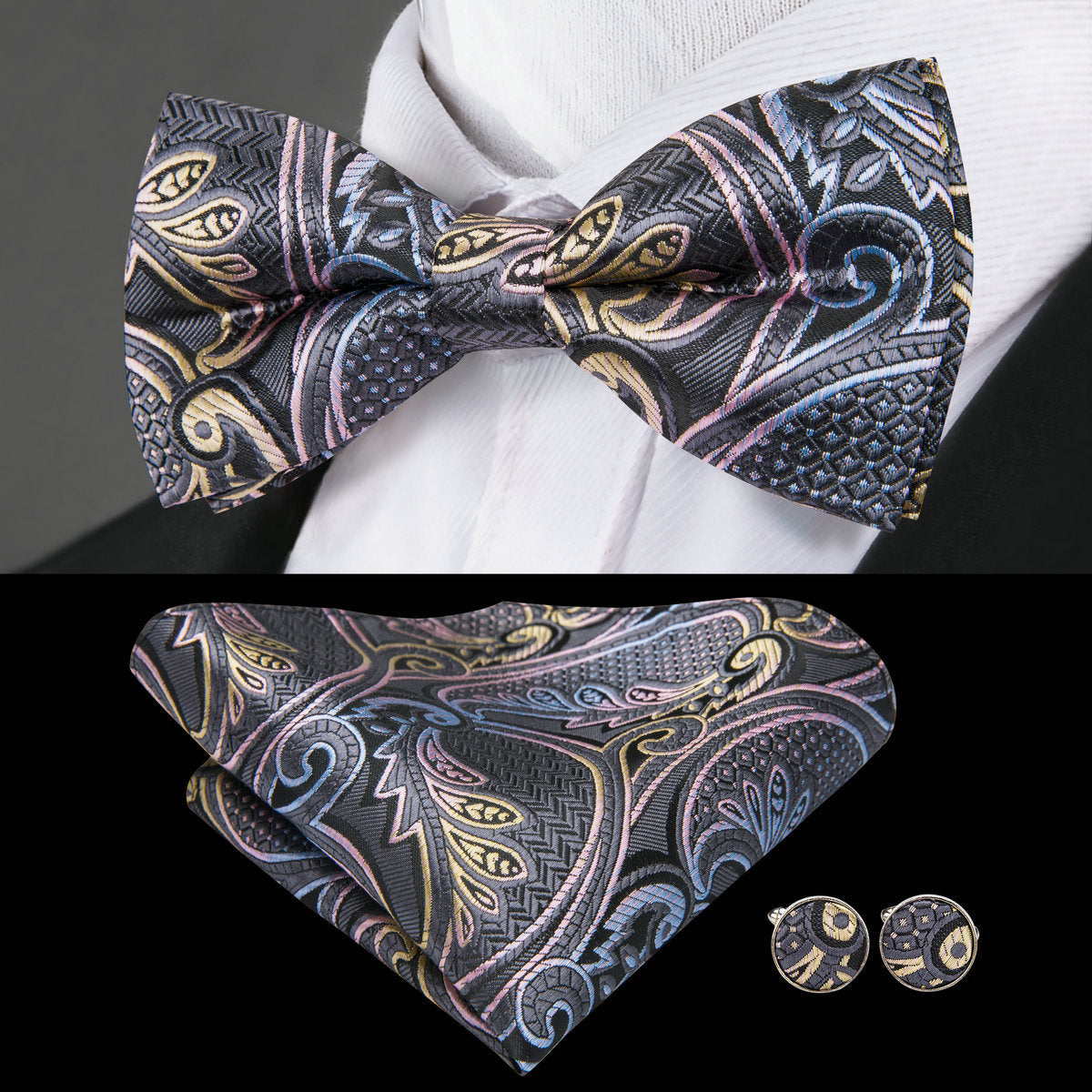 GentCrest Grey Paisley Bowtie Set - Image 1
