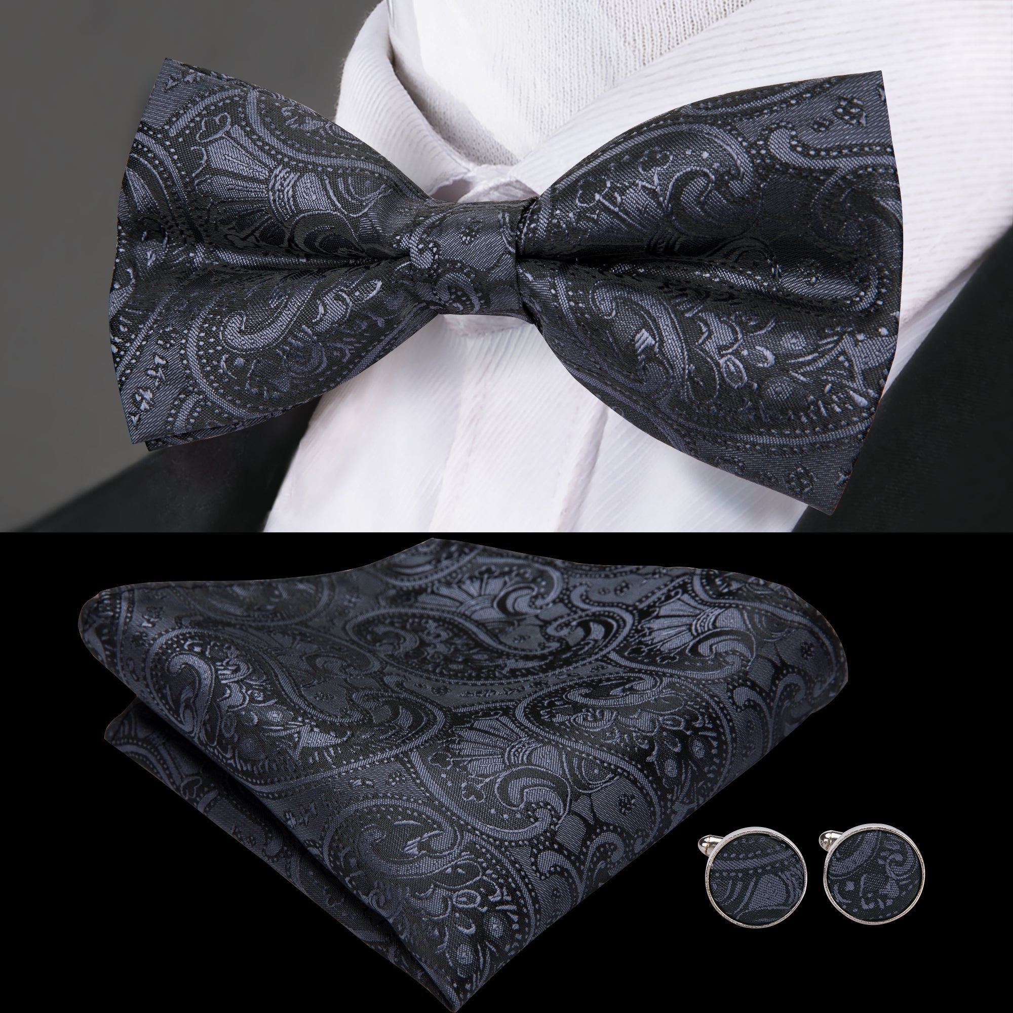 GentCrest Black Paisley Bowtie Set - Image 1