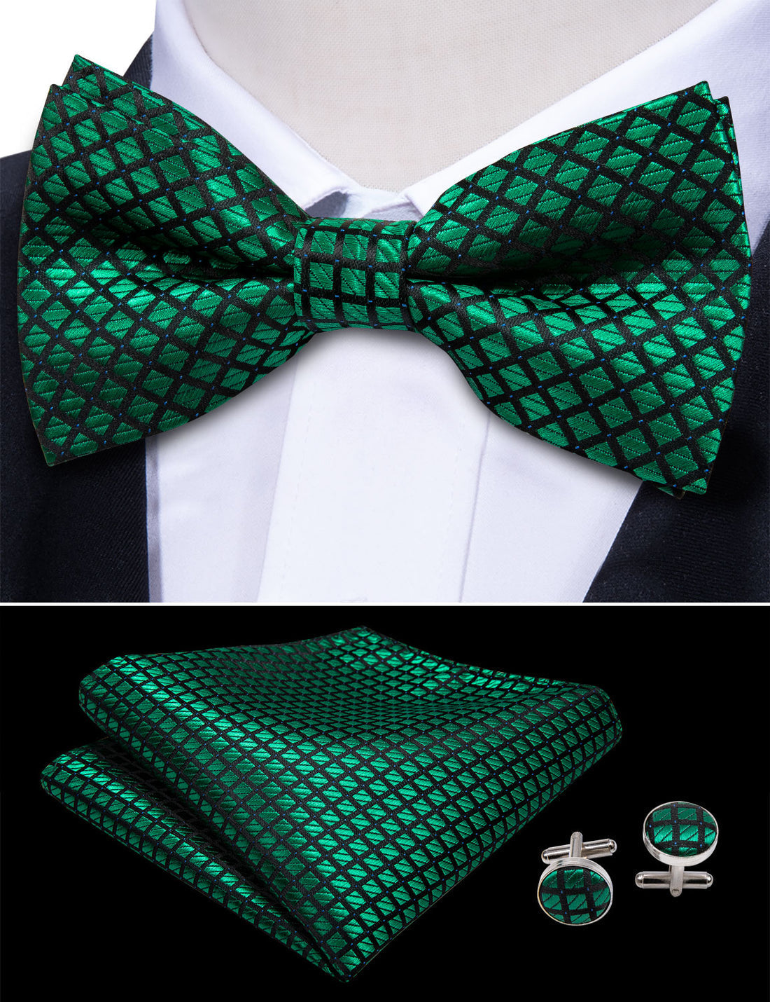 Green Plaid Bow Tie Set - GentCrest - View 4