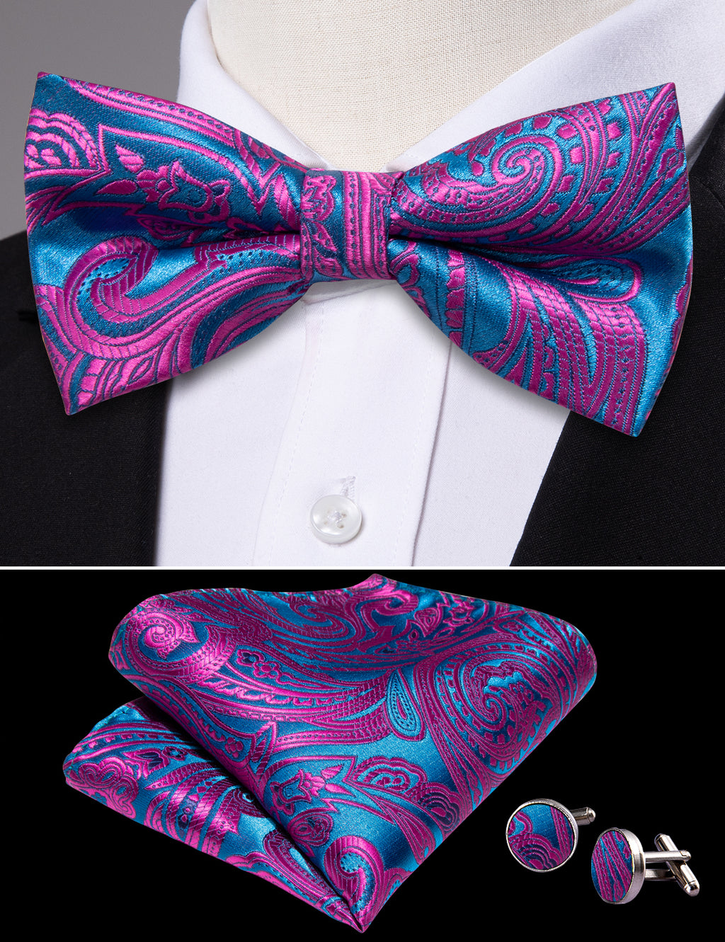 Purple Royal Blue Paisley Bow Tie Set - GentCrest - View 5