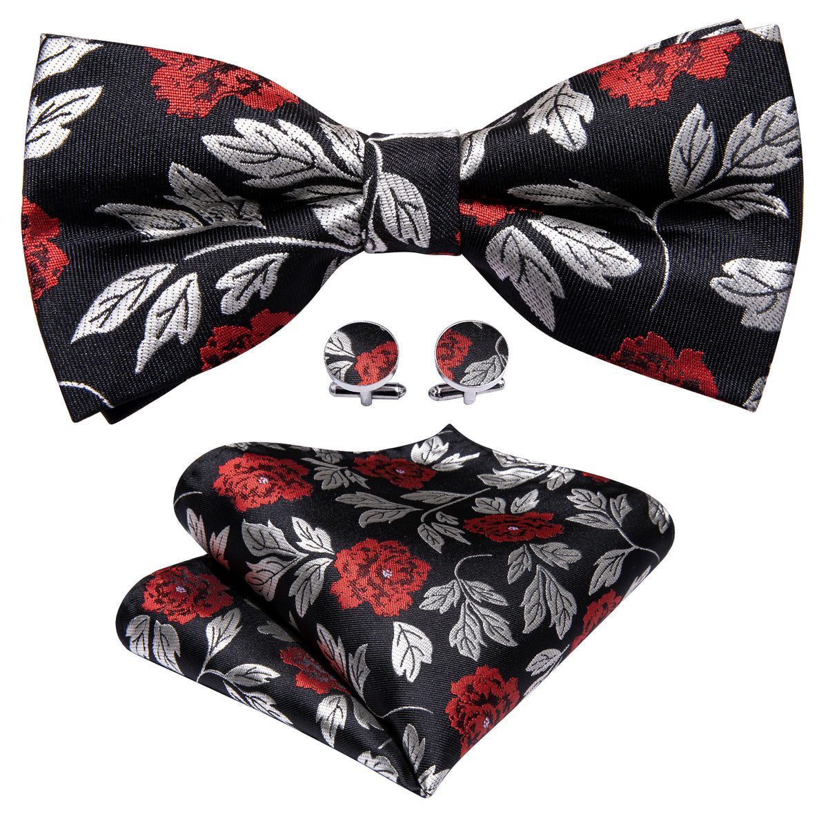 Black Silver Paisley Bow Tie Set - GentCrest