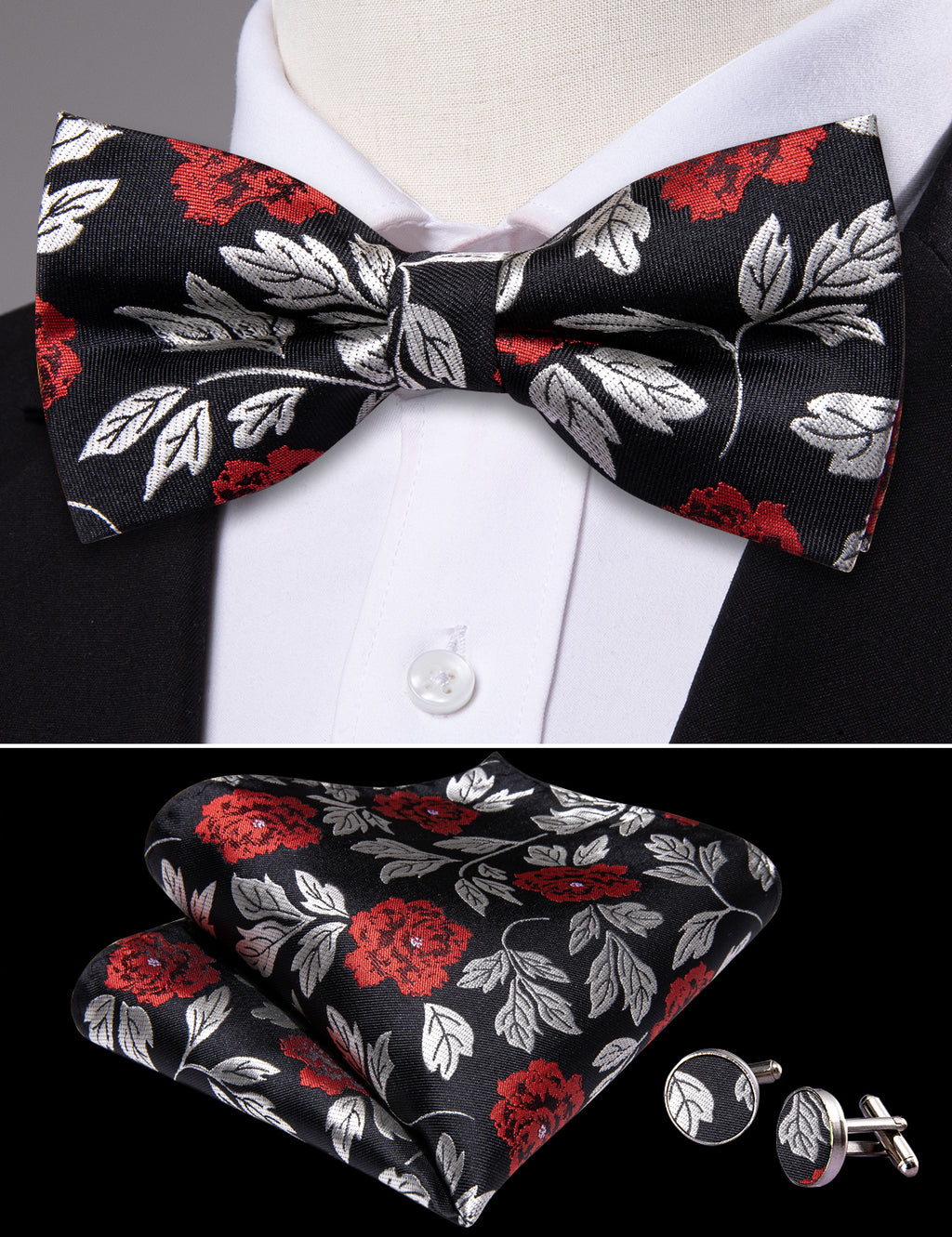 Black Silver Paisley Bow Tie Set - GentCrest - View 4