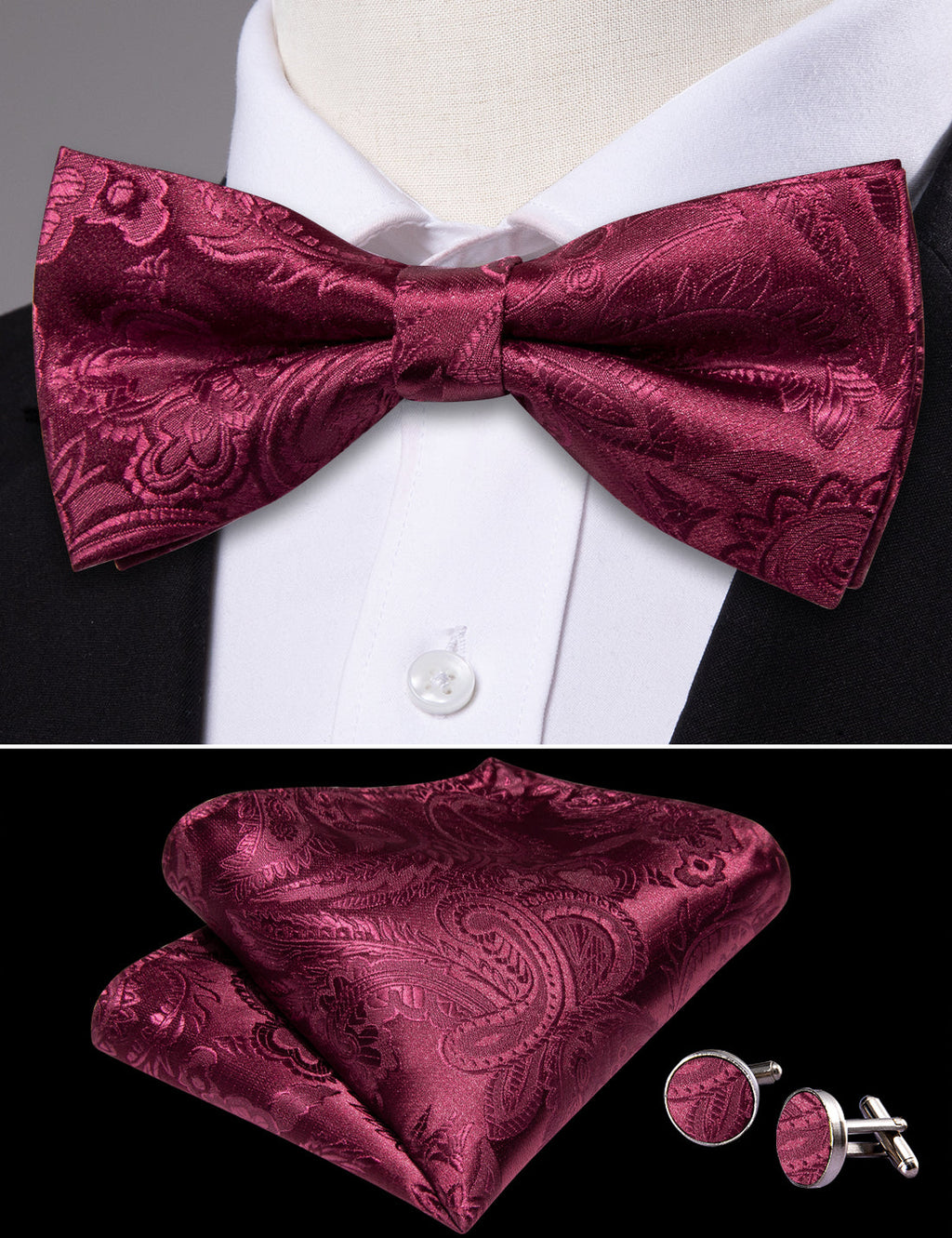 Red Wine Floral Paisley Bow Tie Set - GentCrest - View 4