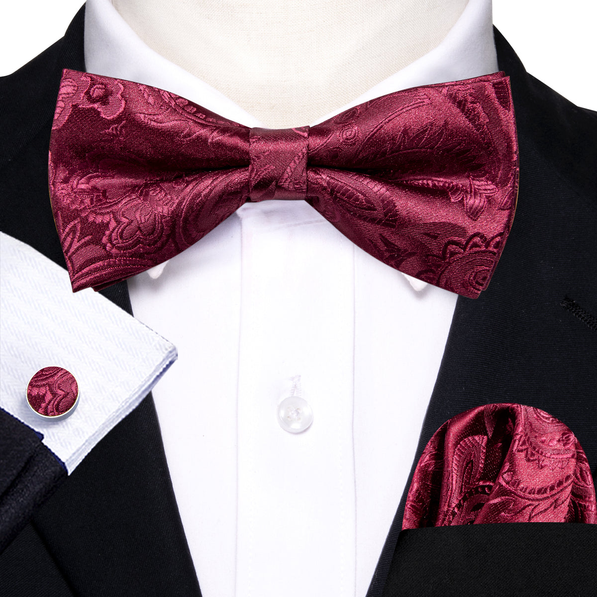 Red Wine Floral Paisley Bow Tie Set - GentCrest