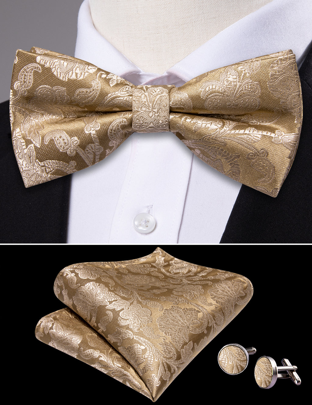 Gold Paisley Bow Tie Set - GentCrest - View 4
