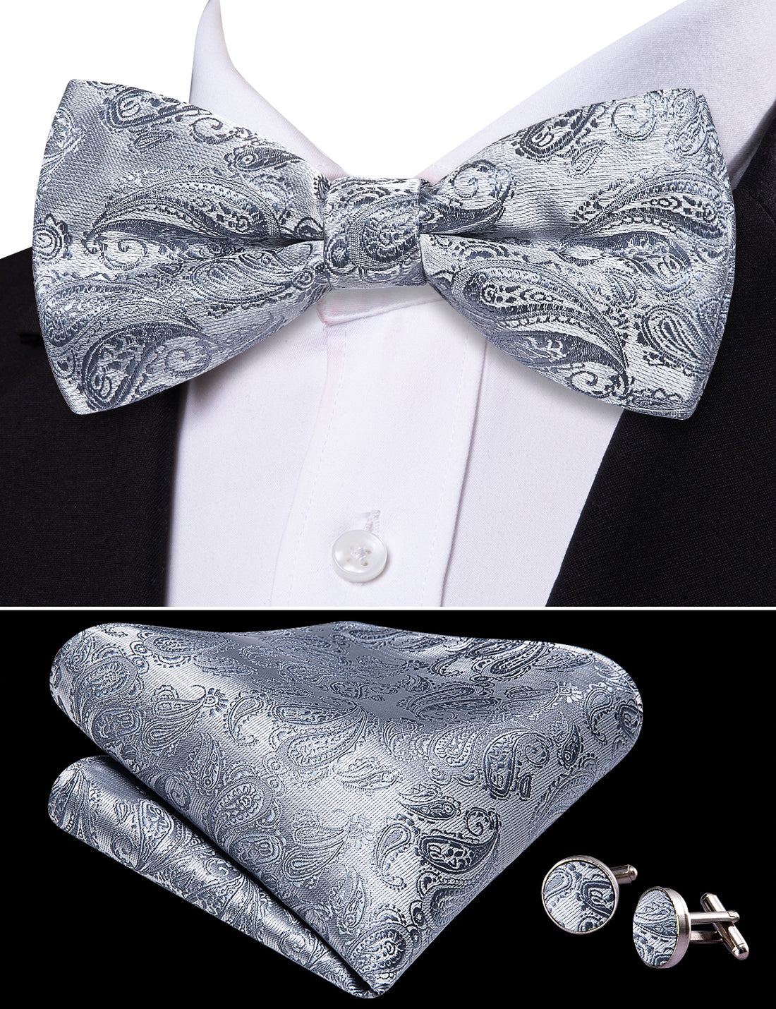 Silver Paisley Bow Tie Set - GentCrest - View 2