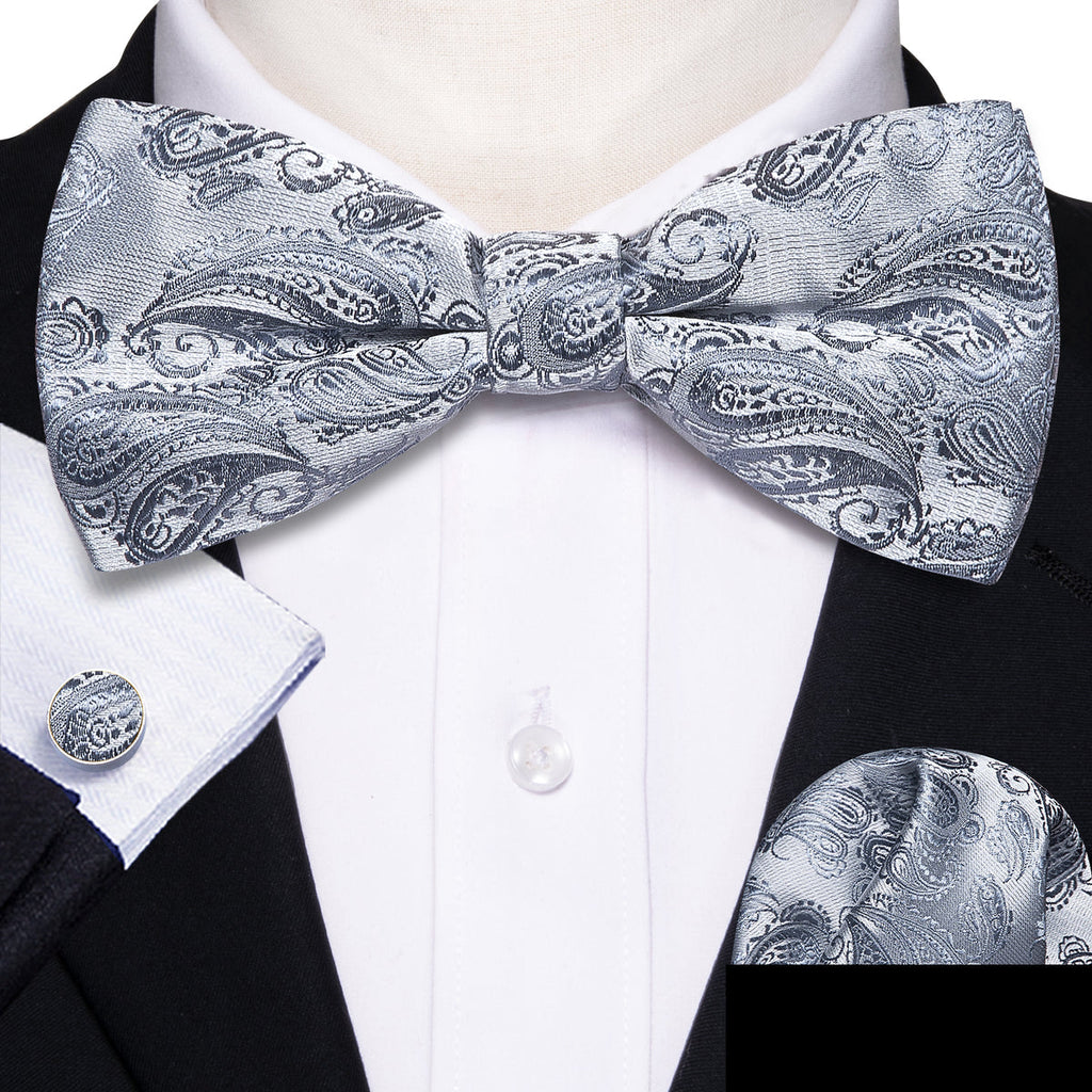 Silver Paisley Bow Tie Set - GentCrest