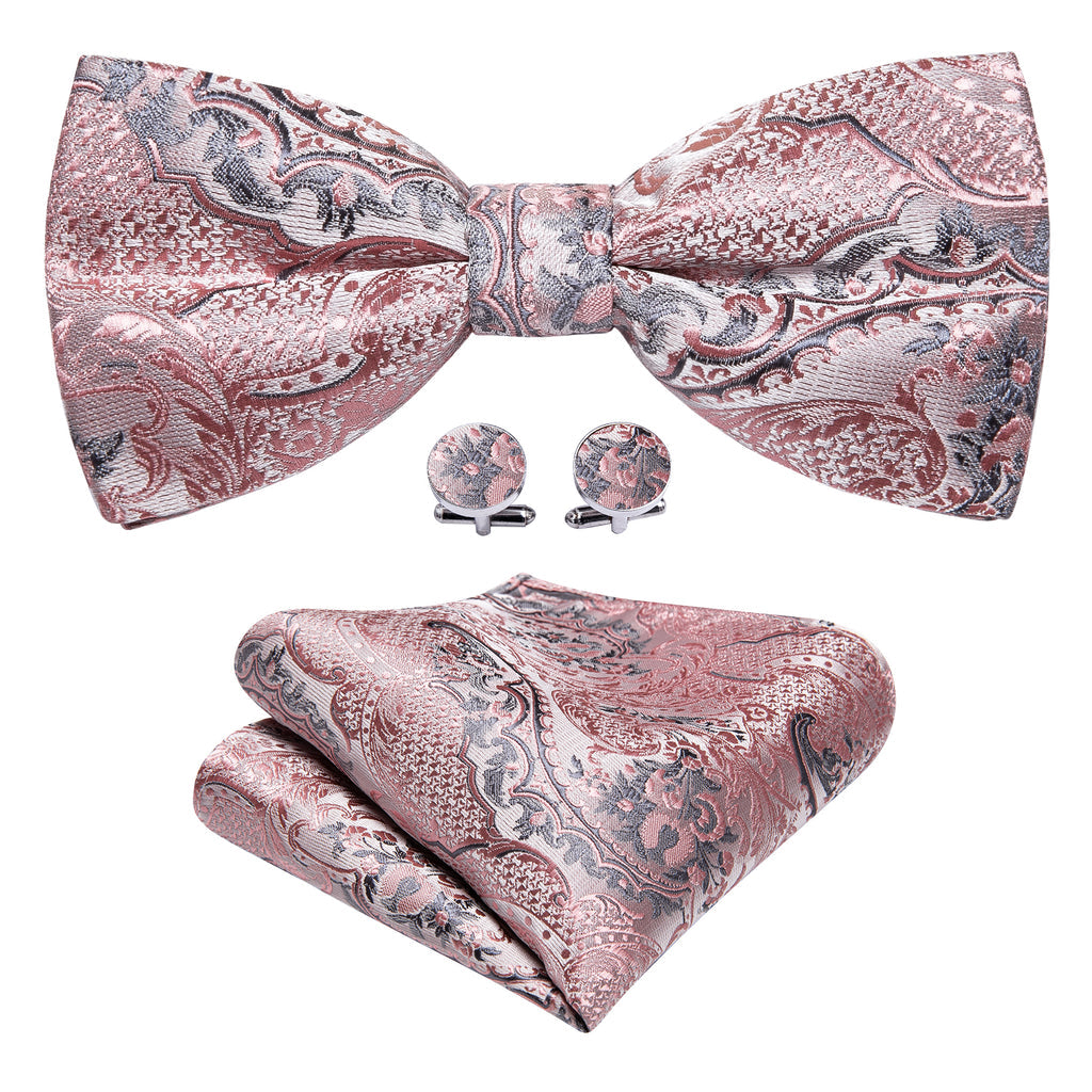 Gray Pink Paisley Bow Tie Set - GentCrest - View 6