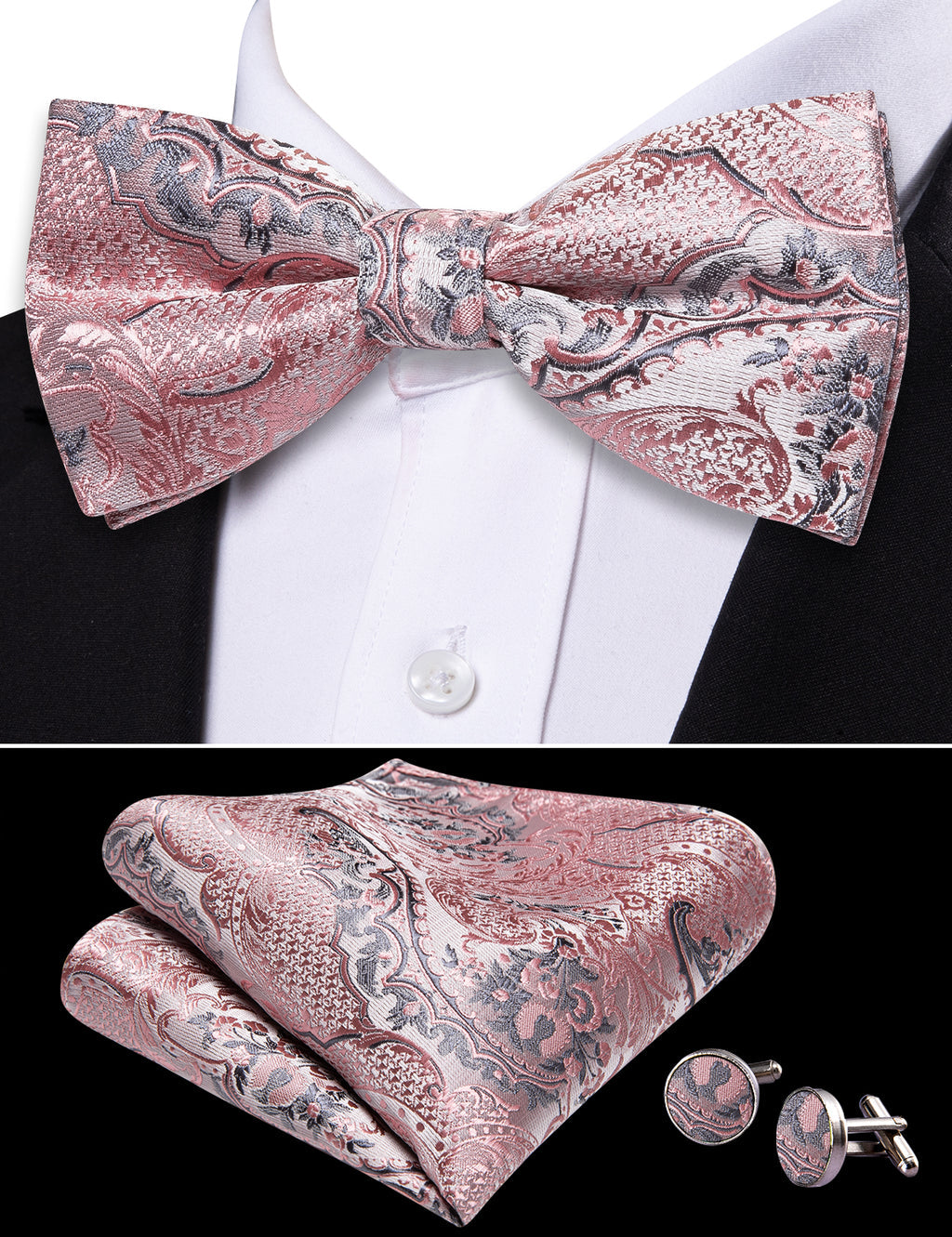 Gray Pink Paisley Bow Tie Set - GentCrest - View 3