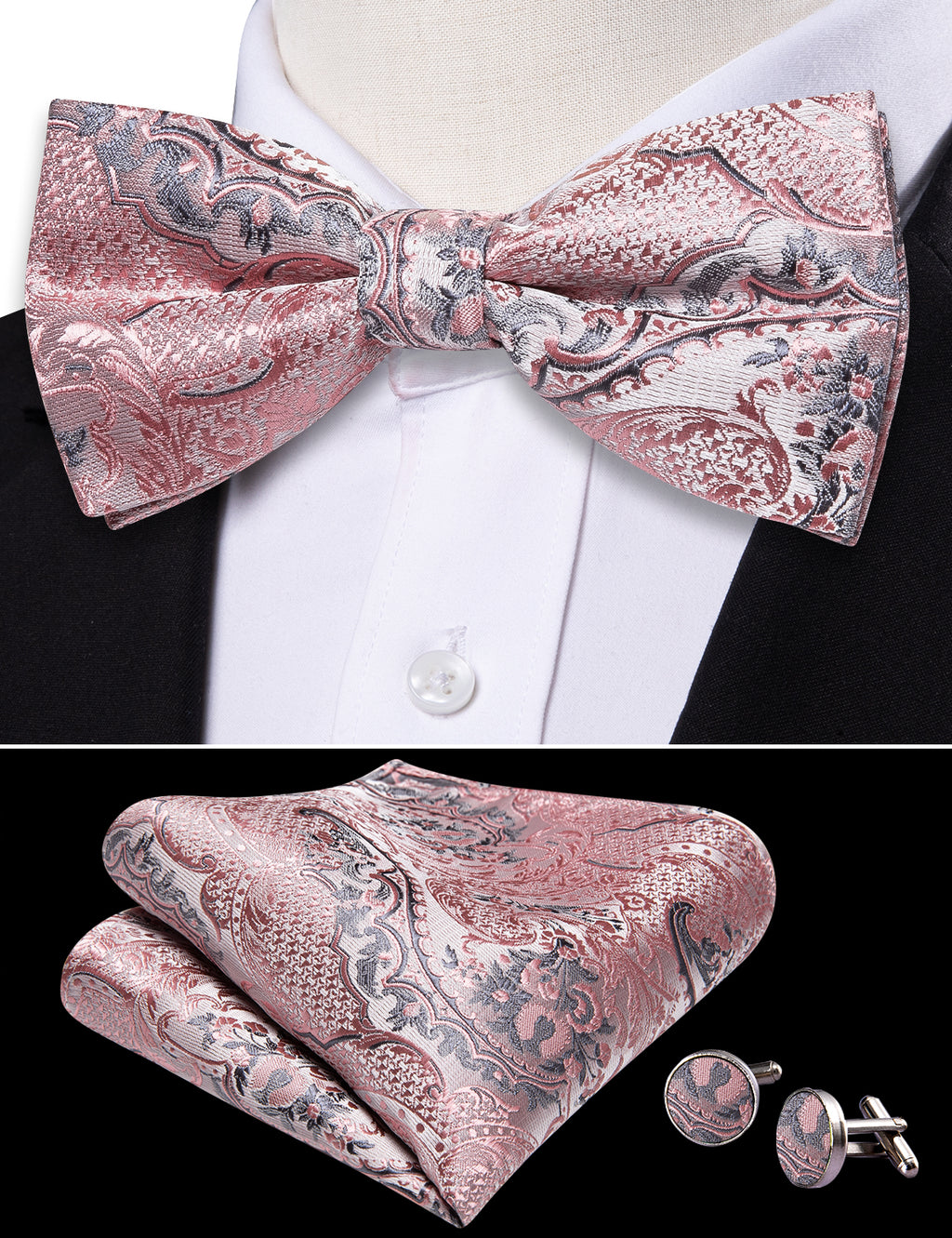 Gray Pink Paisley Bow Tie Set - GentCrest - View 2