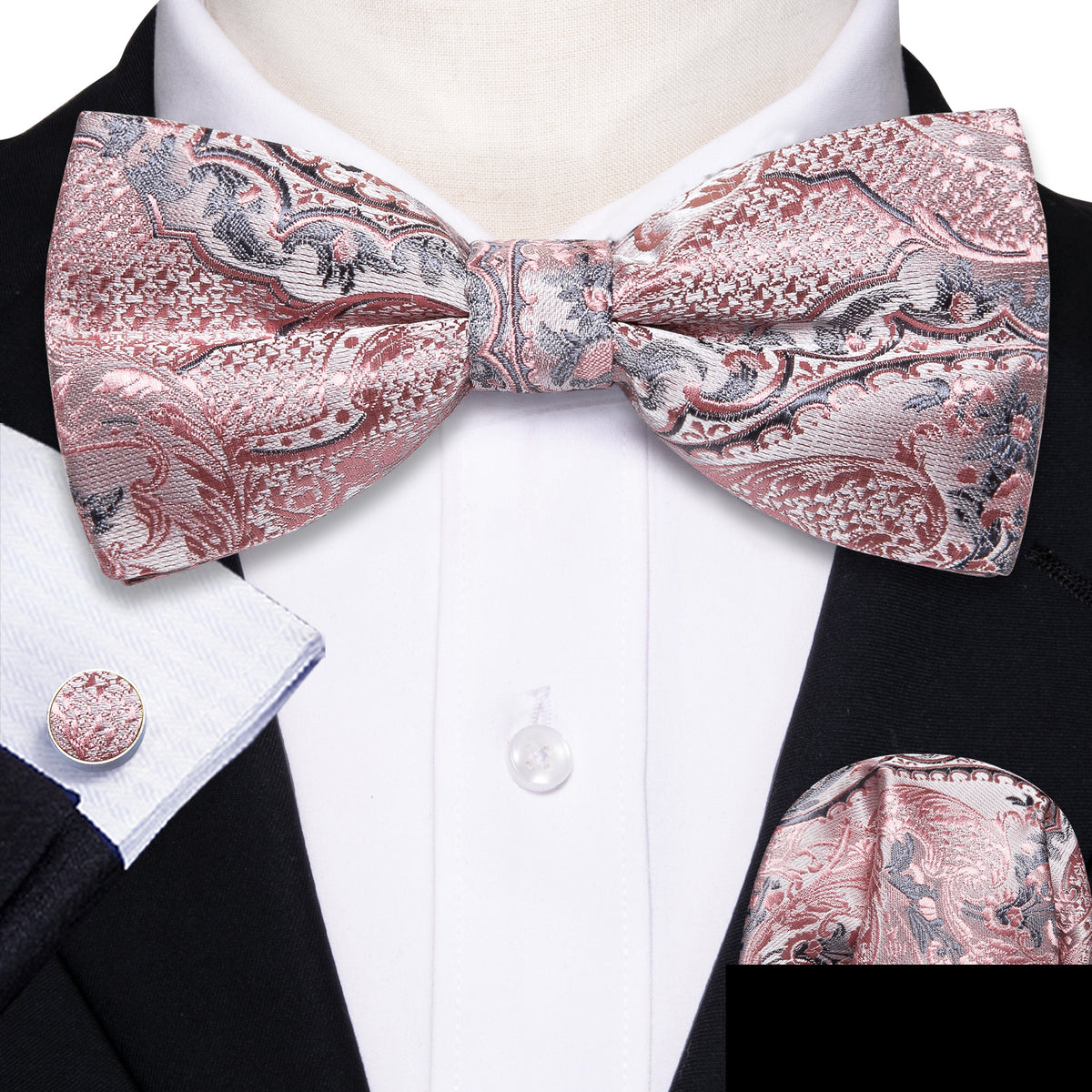 Gray Pink Paisley Bow Tie Set - GentCrest