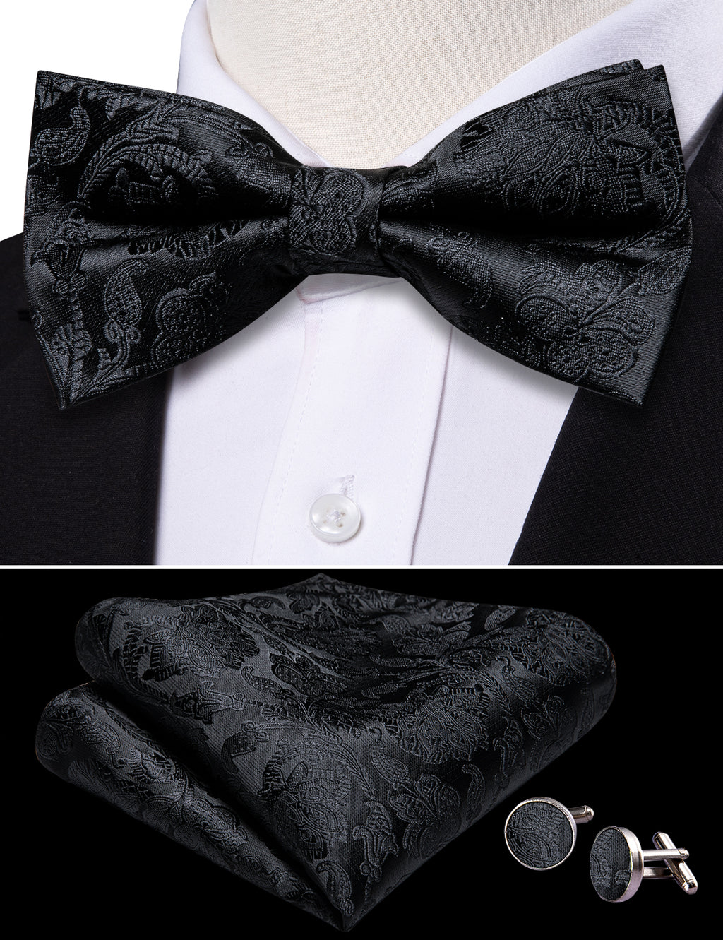 Black Paisley Bow Tie Set - GentCrest - View 3
