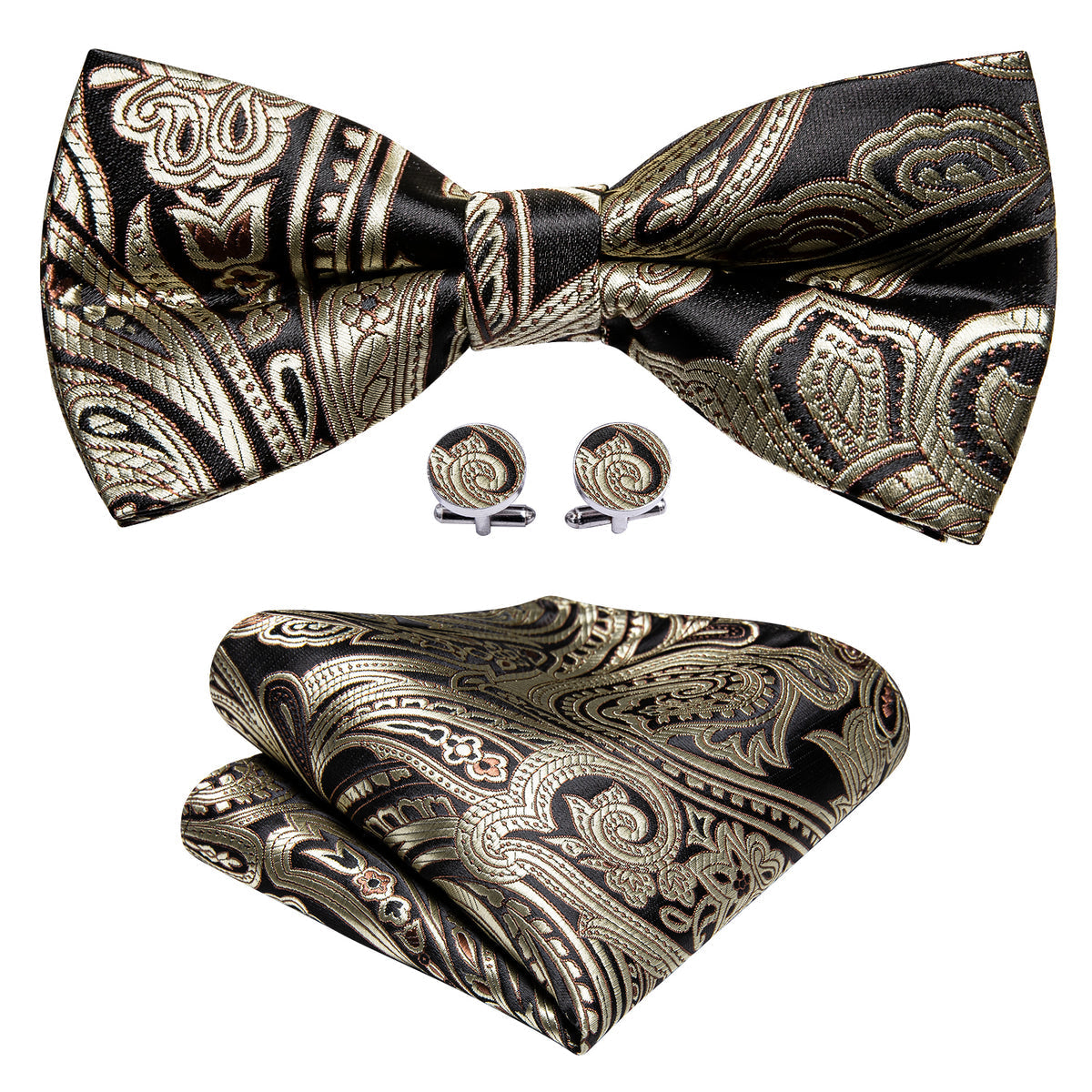 Black Golden Paisley Bow Tie Set - GentCrest