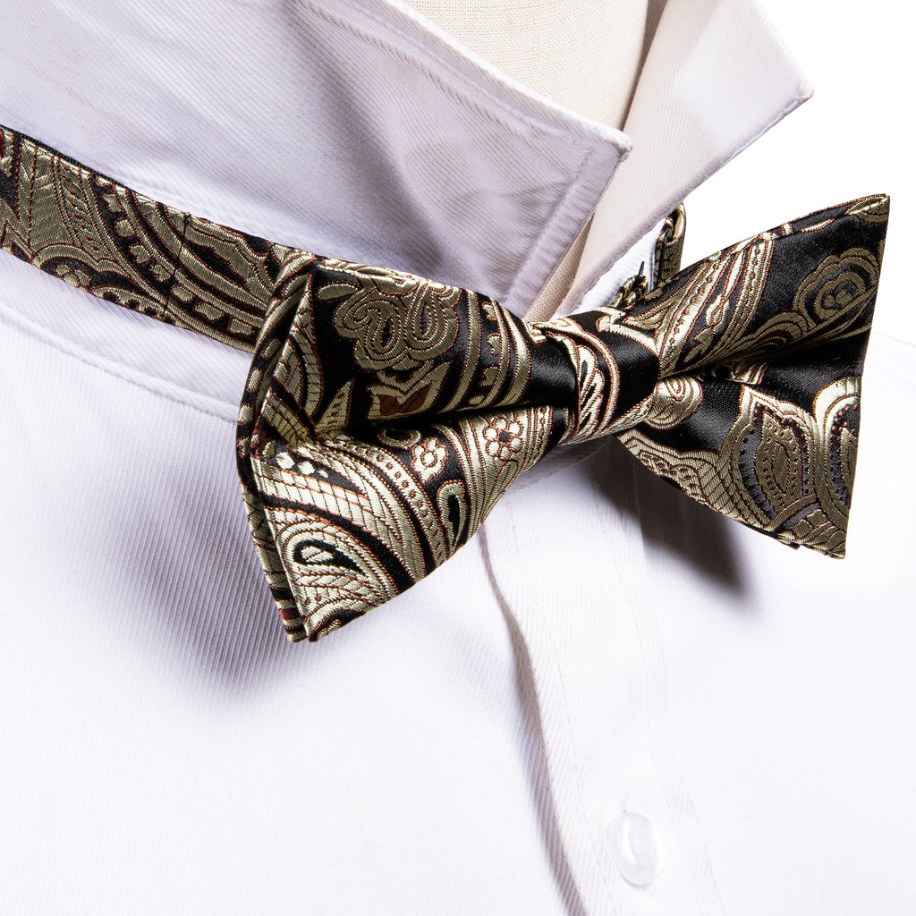 Black Golden Paisley Bow Tie Set - GentCrest - View 4