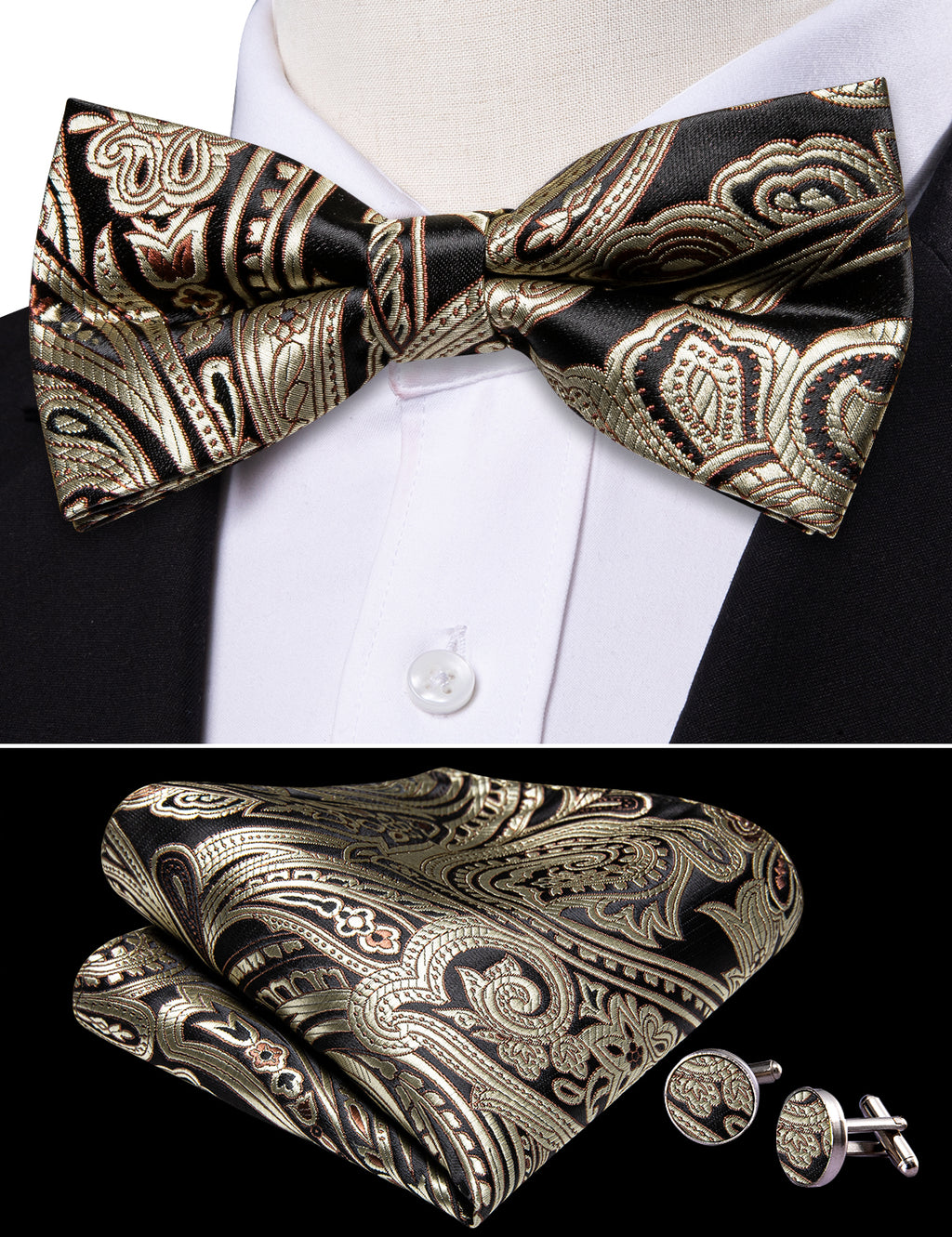 Black Golden Paisley Bow Tie Set - GentCrest - View 2