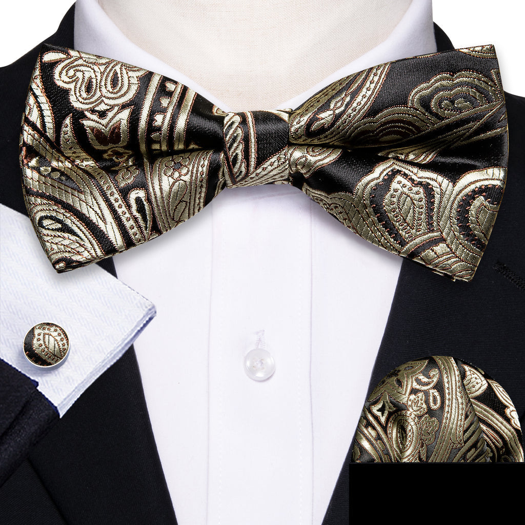 Black Golden Paisley Bow Tie Set - GentCrest - View 3