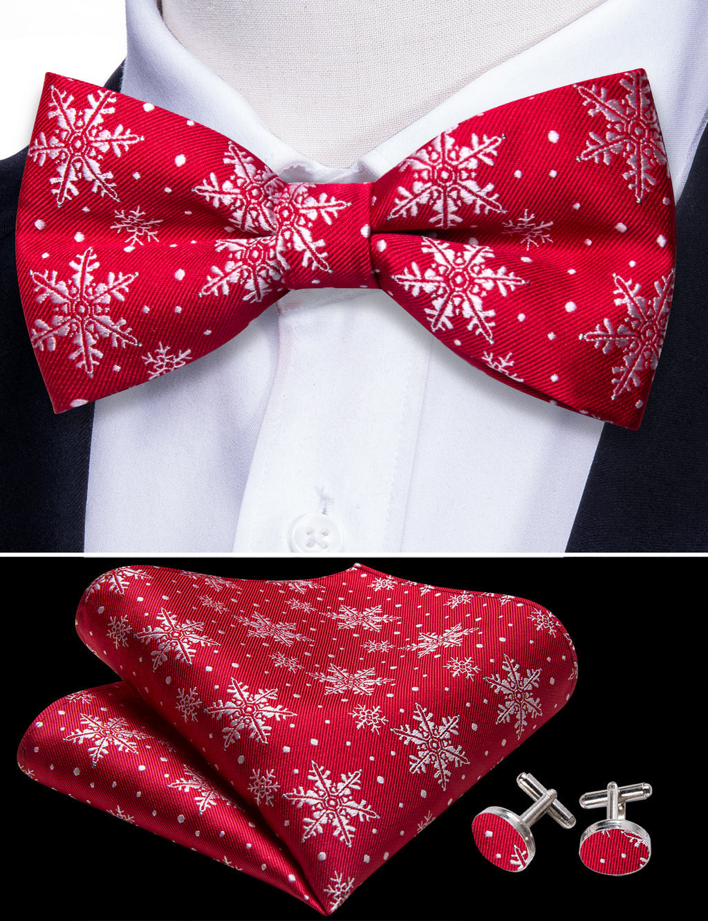 Red & White Christmas Snowflake Bow Tie Set - GentCrest - View 3