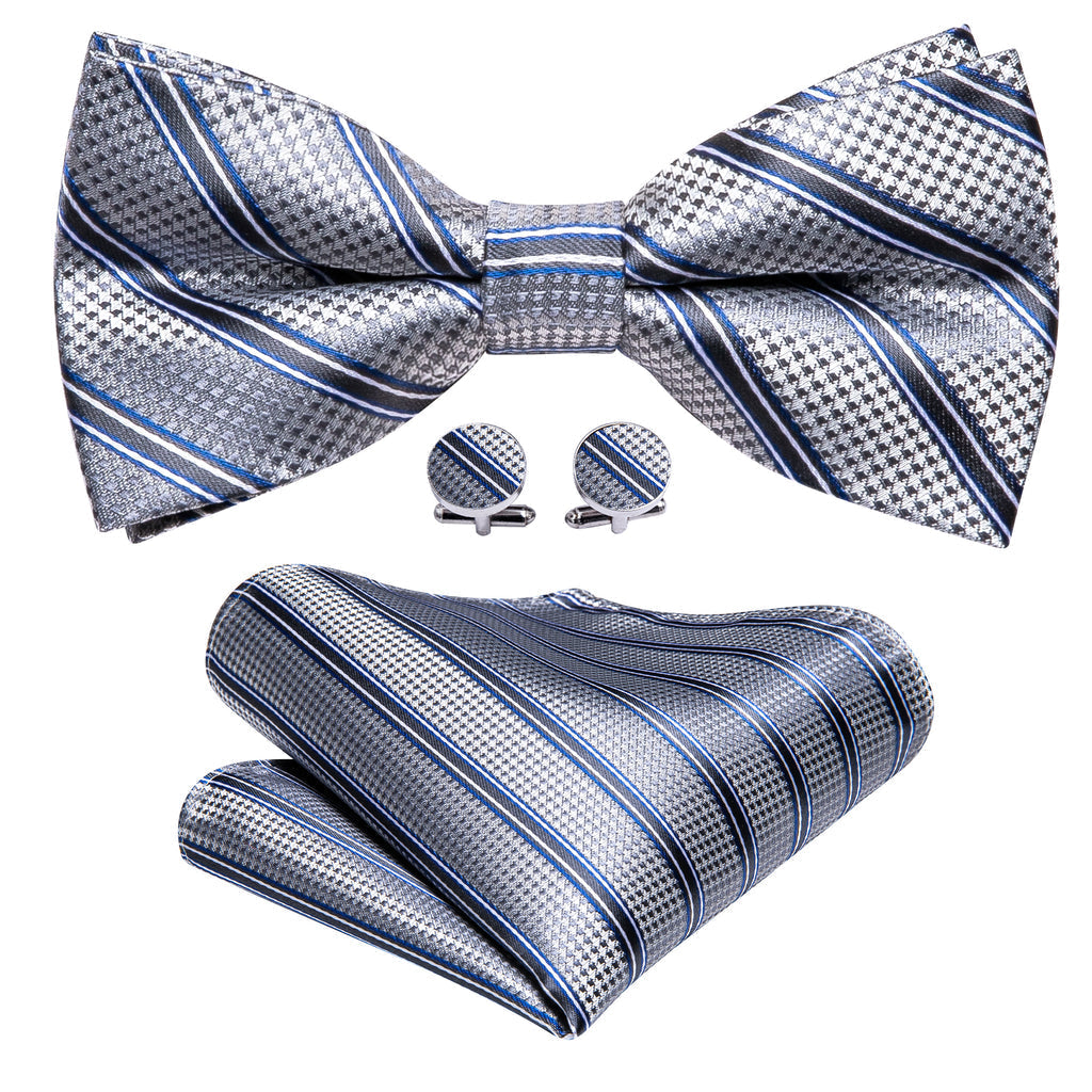 Silver Blue Striped Bow Tie Set - GentCrest - View 3