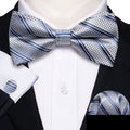 Silver Blue Striped Bow Tie Set - GentCrest