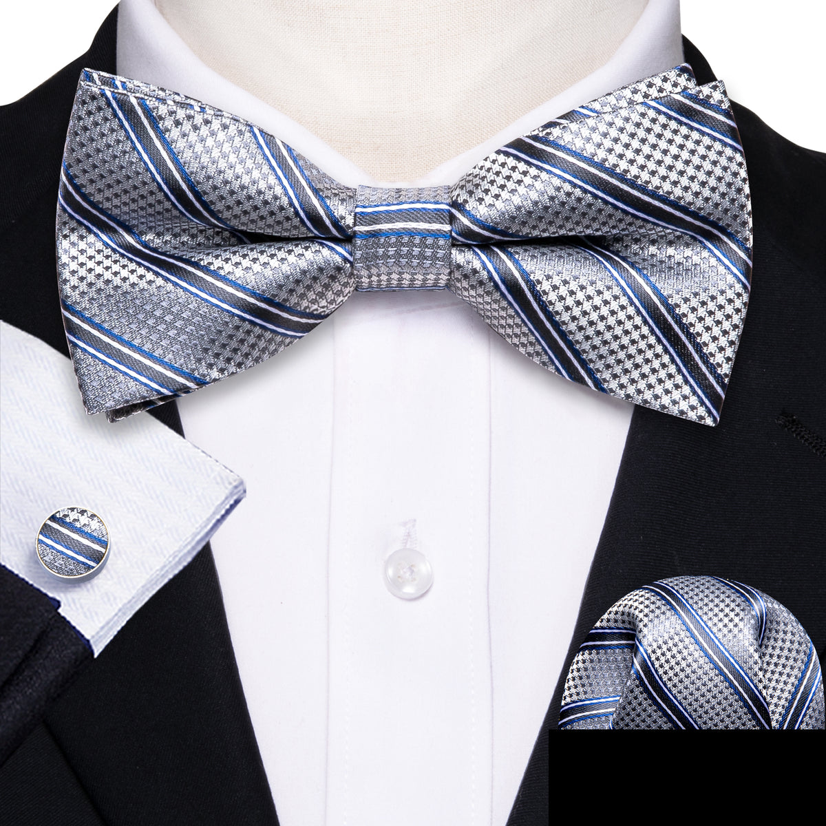 Silver Blue Striped Bow Tie Set - GentCrest