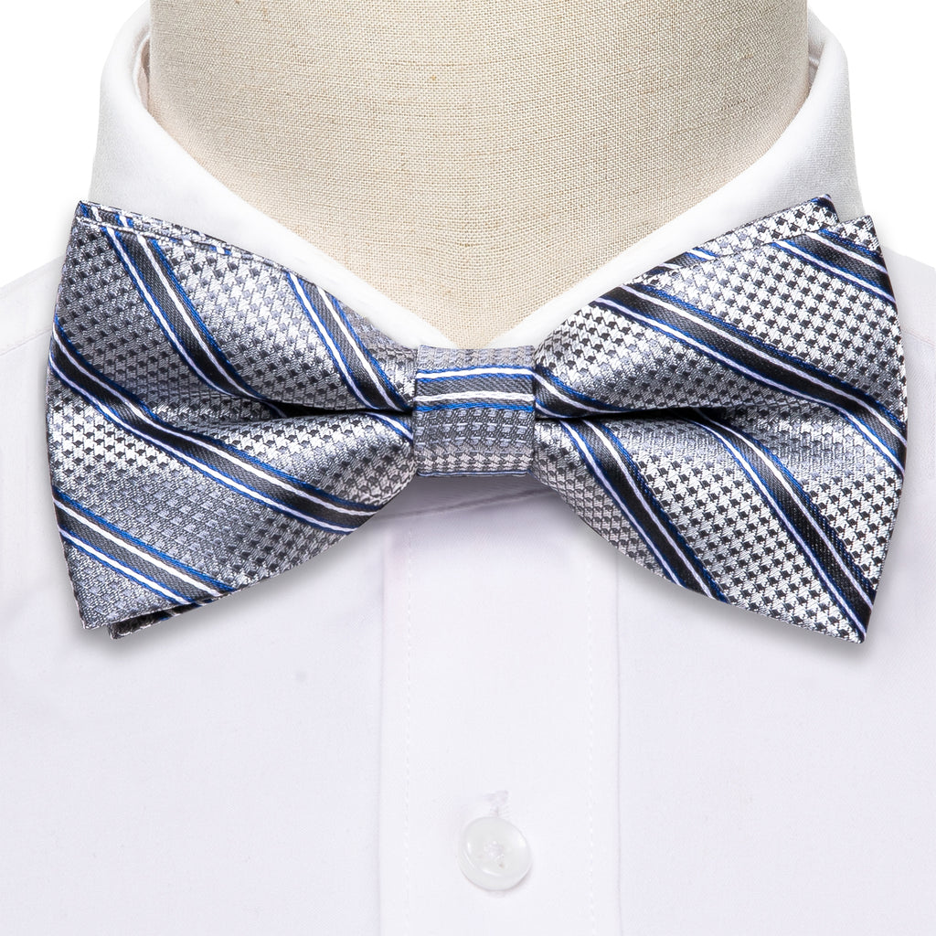 Silver Blue Striped Bow Tie Set - GentCrest - View 4