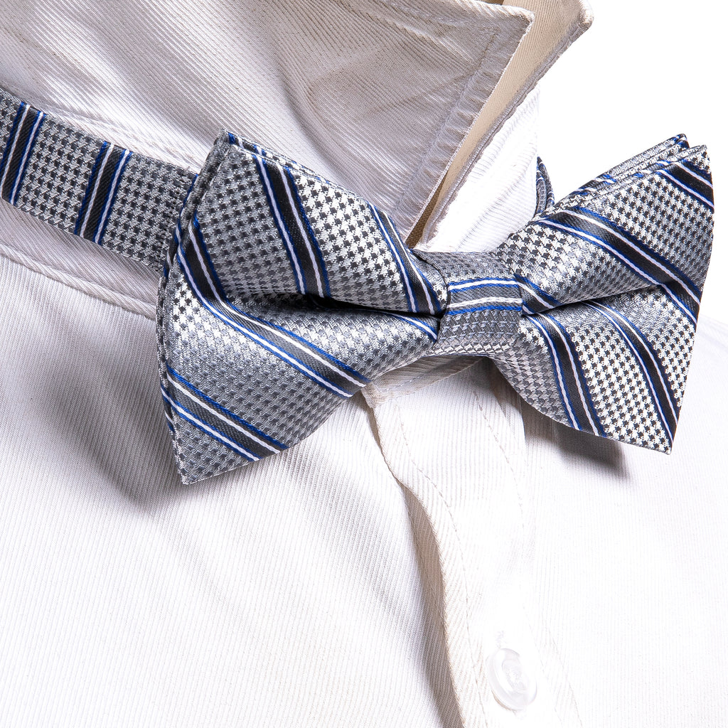 Silver Blue Striped Bow Tie Set - GentCrest - View 2