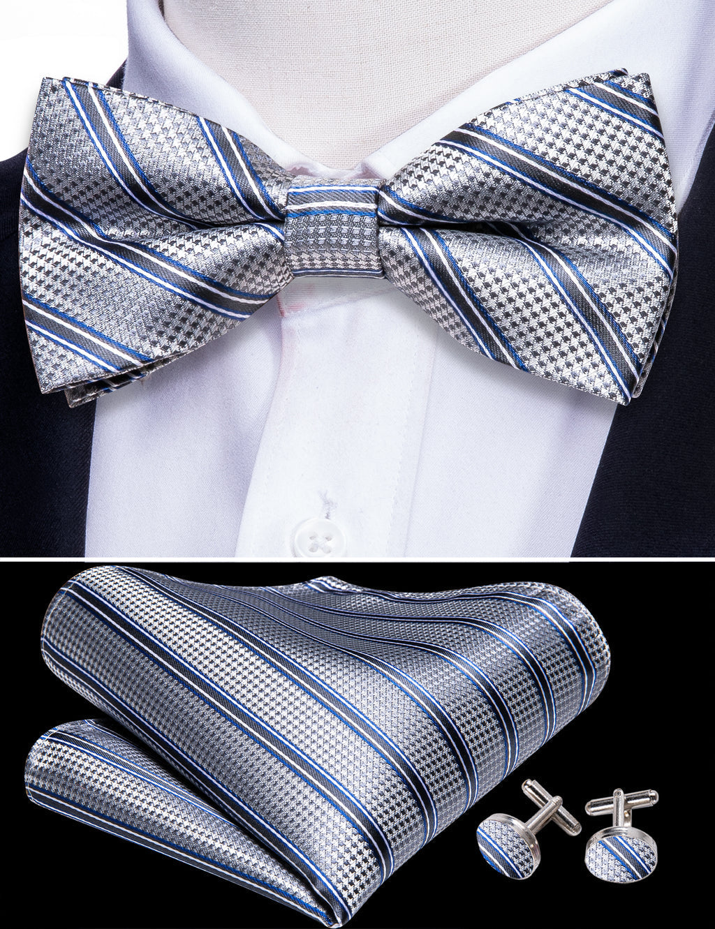 Silver Blue Striped Bow Tie Set - GentCrest - View 5