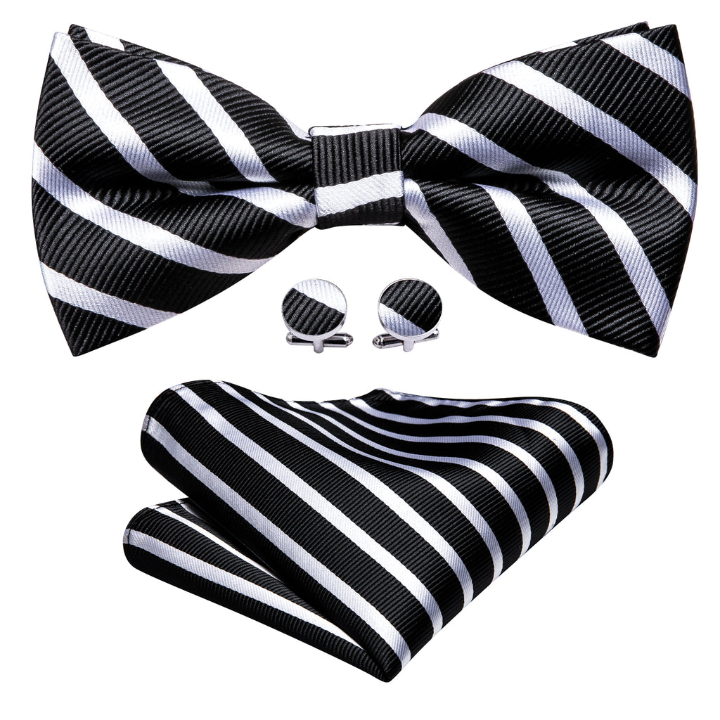 Black White Striped Bow Tie Set - GentCrest - View 5