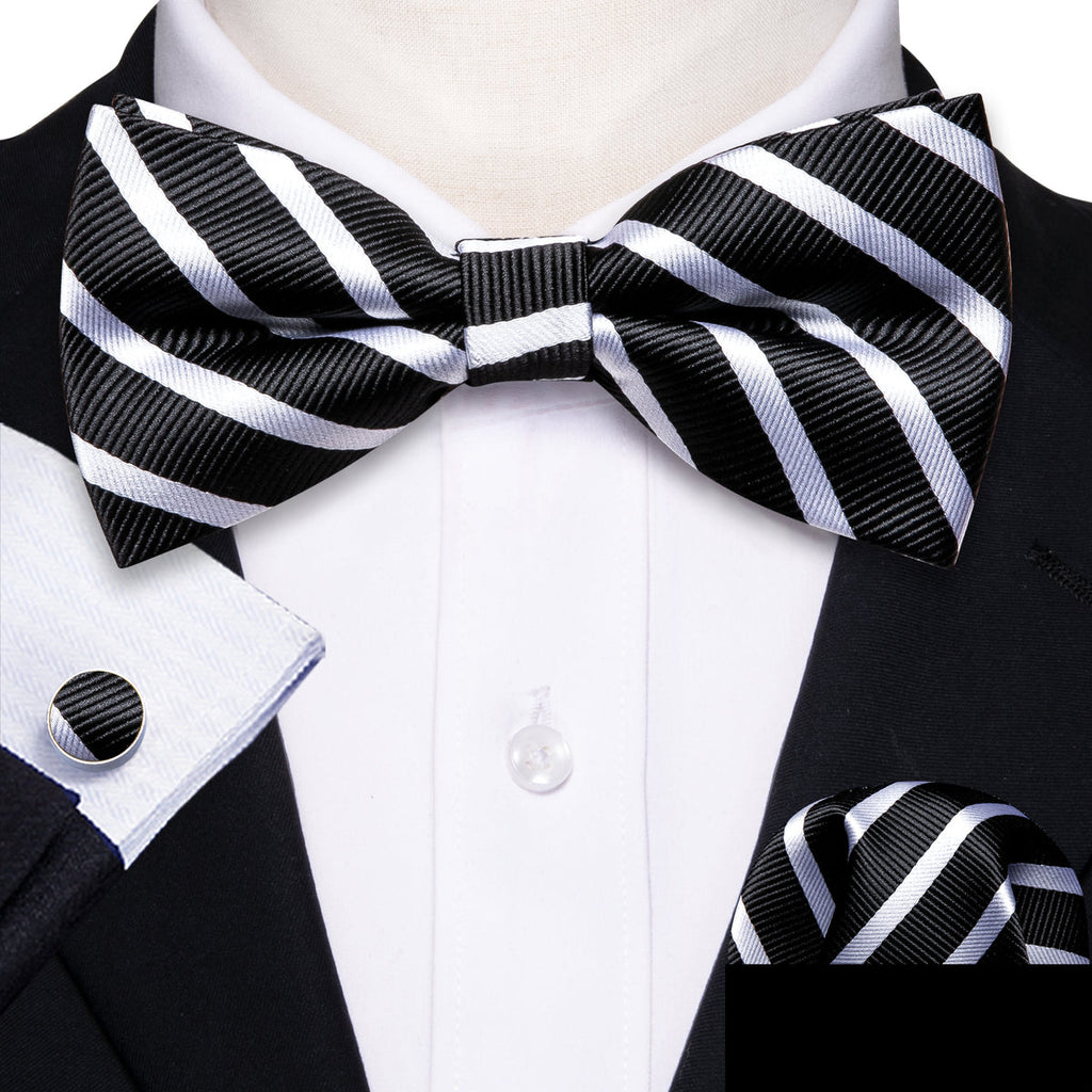 Black White Striped Bow Tie Set - GentCrest