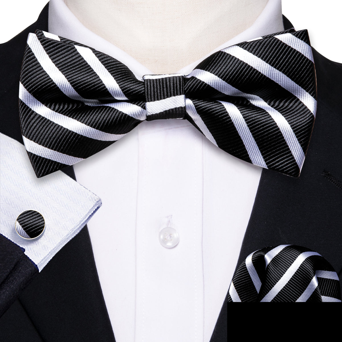 Black White Striped Bow Tie Set - GentCrest