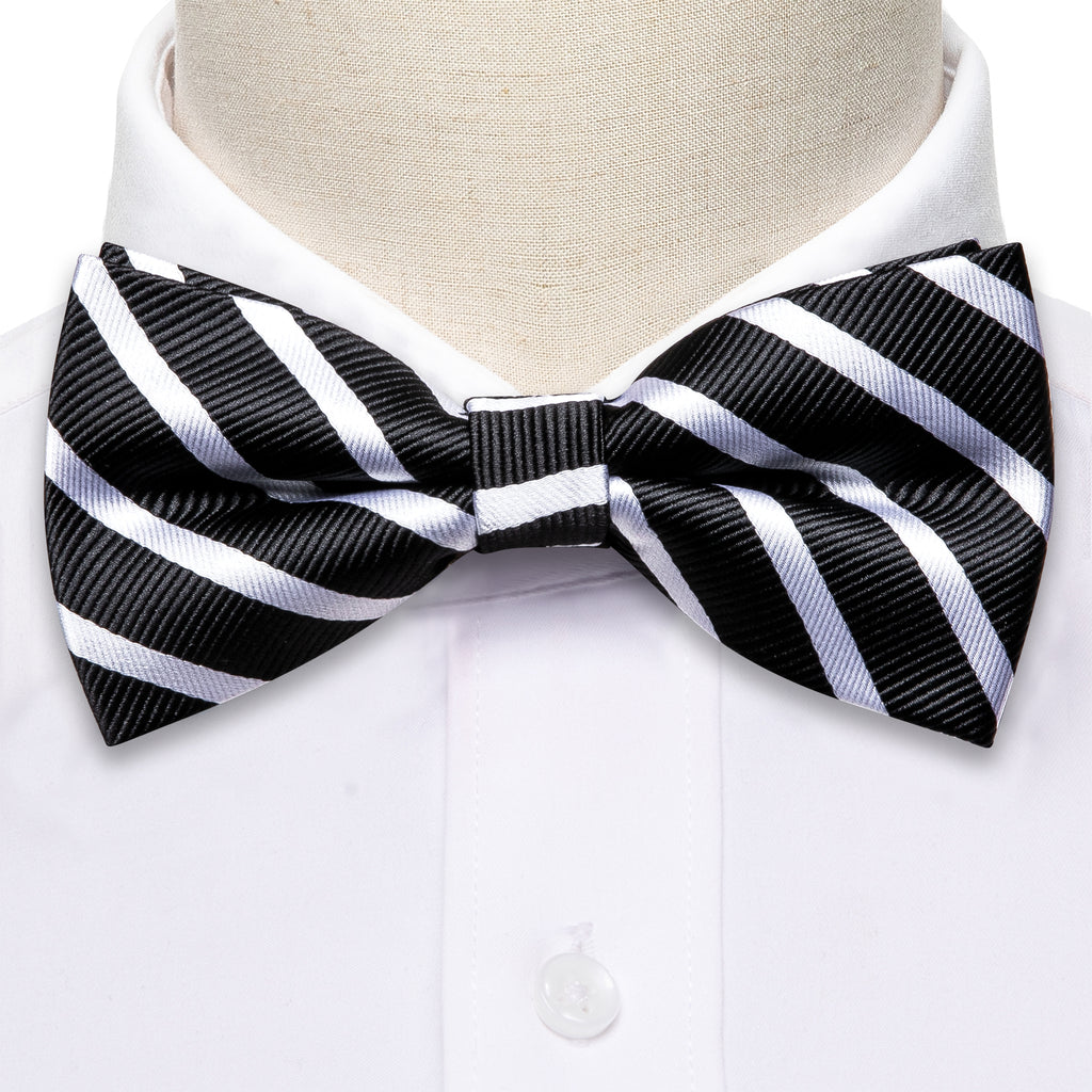 Black White Striped Bow Tie Set - GentCrest - View 4