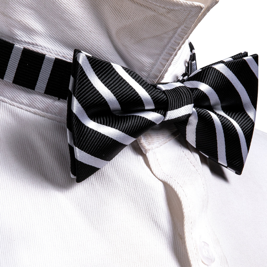 Black White Striped Bow Tie Set - GentCrest - View 2